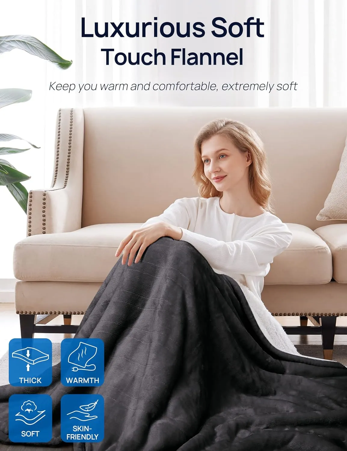 Electric Heated Flannel & Sherpa Blanket, Queen 84" x 90", Charcoal