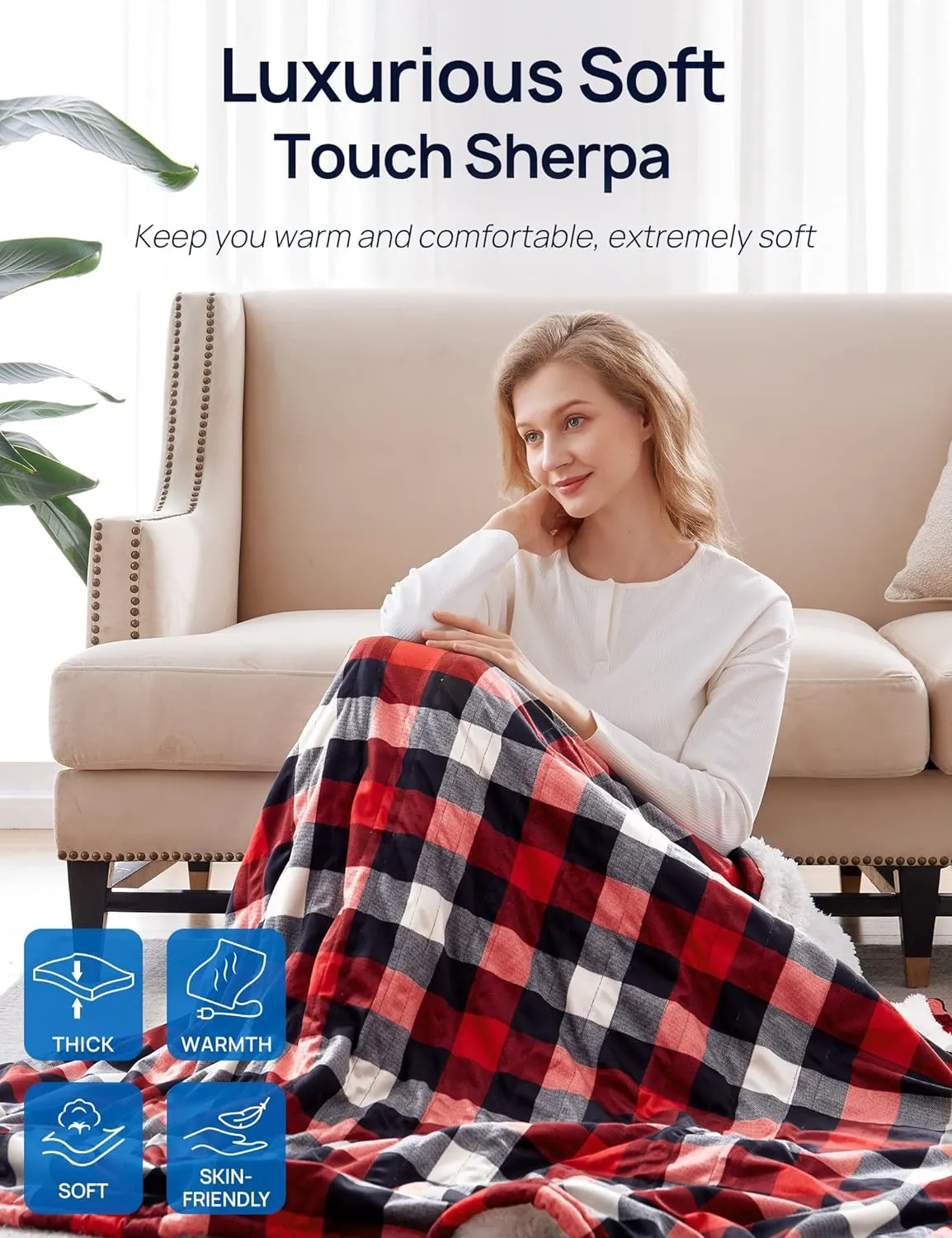 Electric Heated Sherpa Plaid Blanket 100" x 90", Red