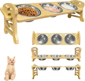 Elevated Cat Bowls 15 Tilted : 3-Pack Stainless Steel Food Bowls with Bamboo Stand - Anti-Overflow, Dishwasher Safe, 6 Adjustable Heights and Whisker Fatigue Relief for Indoor Cats