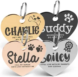 Engraved Pet ID Tags for Cats, Dogs - 4 Color & 5 Shape Options, Personalized w/ 20 Icons, Name, Address, Phone Number - Accessories for Four Legged Friends, Stainless Steel #Heart - Silver
