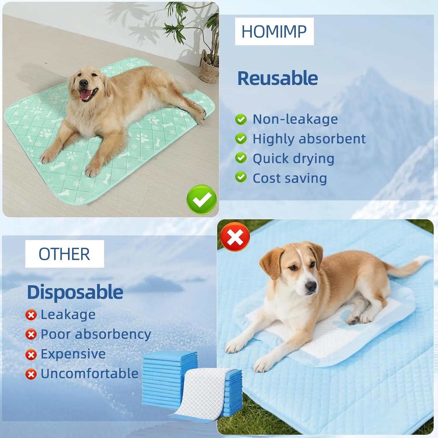 Homimp Self-Cooling Mat for Dogs, 4 Pack Washable Cooling Mat&Sleeping Pad, Reusable Waterproof Dog Pee Pads, Non-Toxic, Non-Slip Potty Pads Ideal for Home, Travel & Crates, Kennel in Summer, 24"x36"