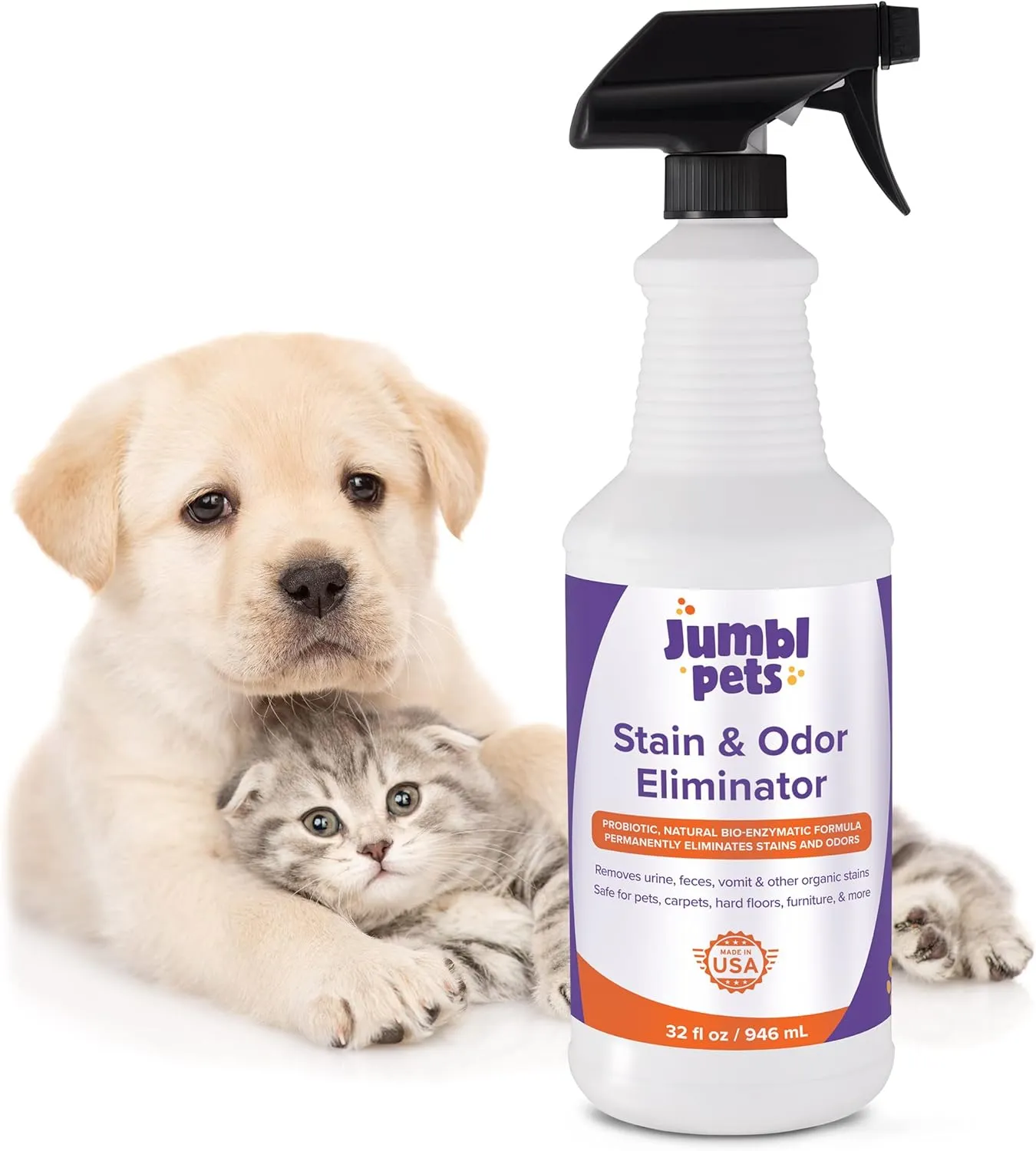 JumblPets 32oz Pet Stain & Odor Eliminator - Made in USA  Unscented Enzyme Pet Odor Eliminator & Spot Remover Spray for Urine, Feces & Organic Matter - Safe for Cats, Dogs, Carpet & Hardwood