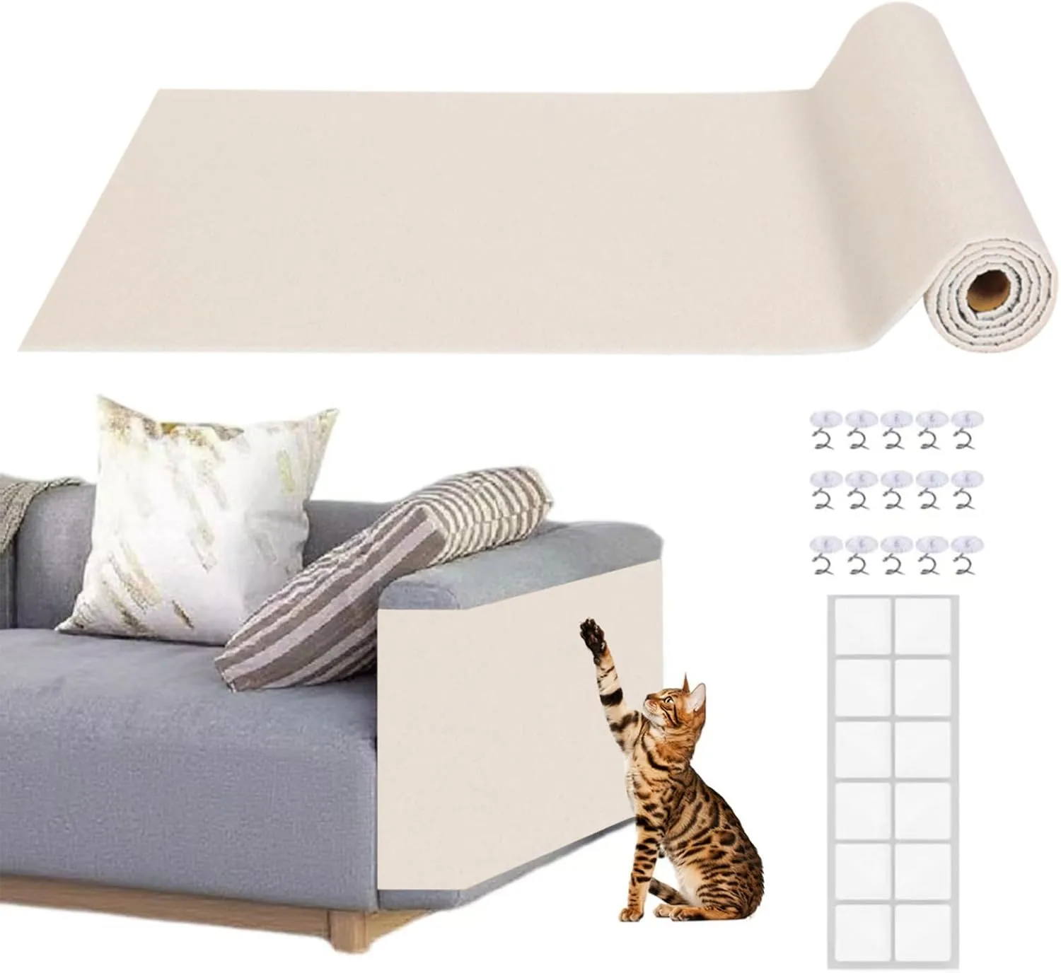 KVIDA Cat Scratch Furniture Protector  Extra Long 98"x16" Cuttable Self-Adhesive Carpet Shield for Couch, Anti-Scratch Sofa Guard with Clear Acrylic Pins & Stickers, Beige