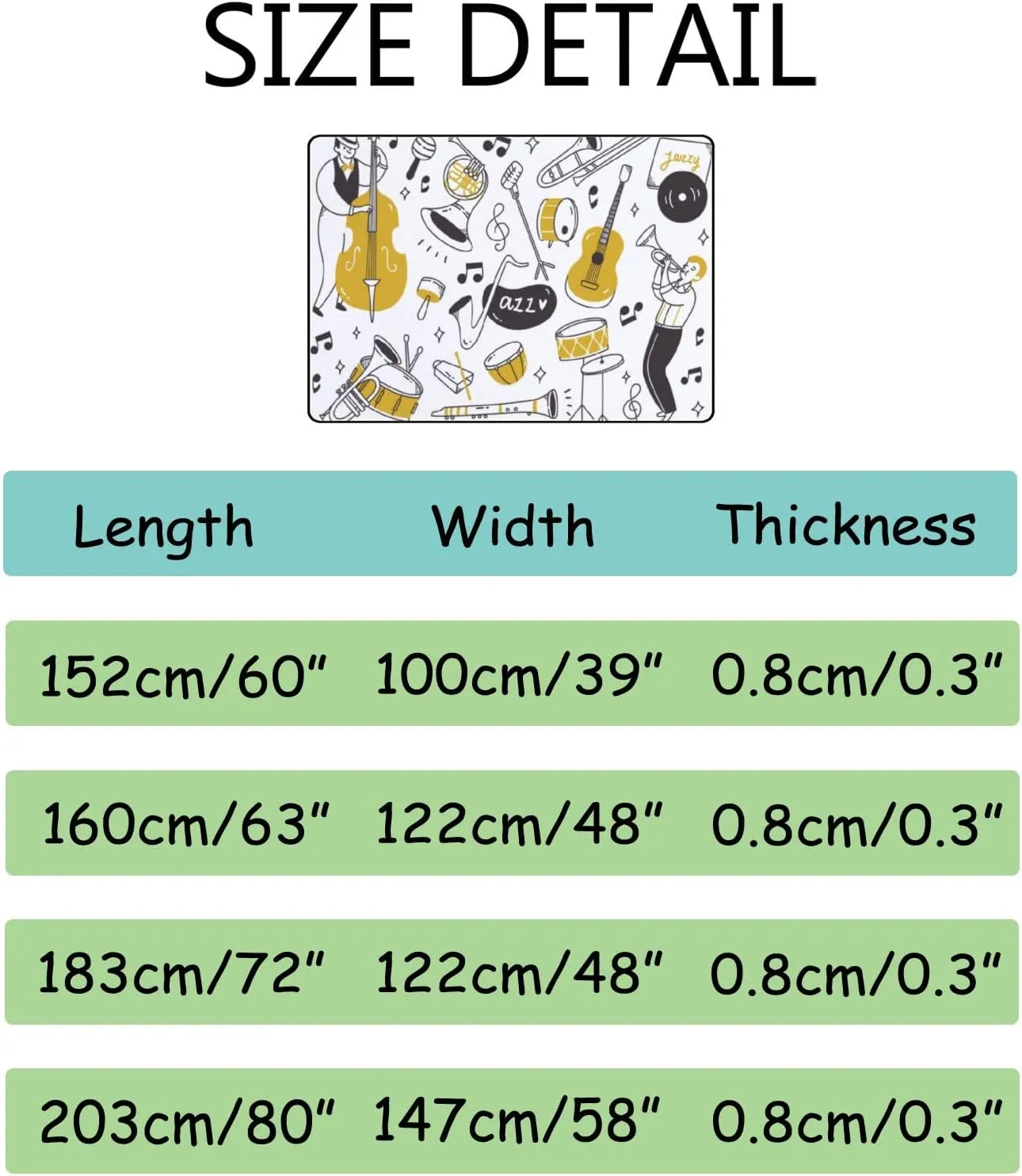 Large Area Rug Runner Mats Jazz Music Player Instruments Doodle Style Non-Slip Anti-Fatigue Absorbent Super Soft Rugs Pads for Laundary Living Room Bedroom Toilet Kitchen Polyester 60x39in