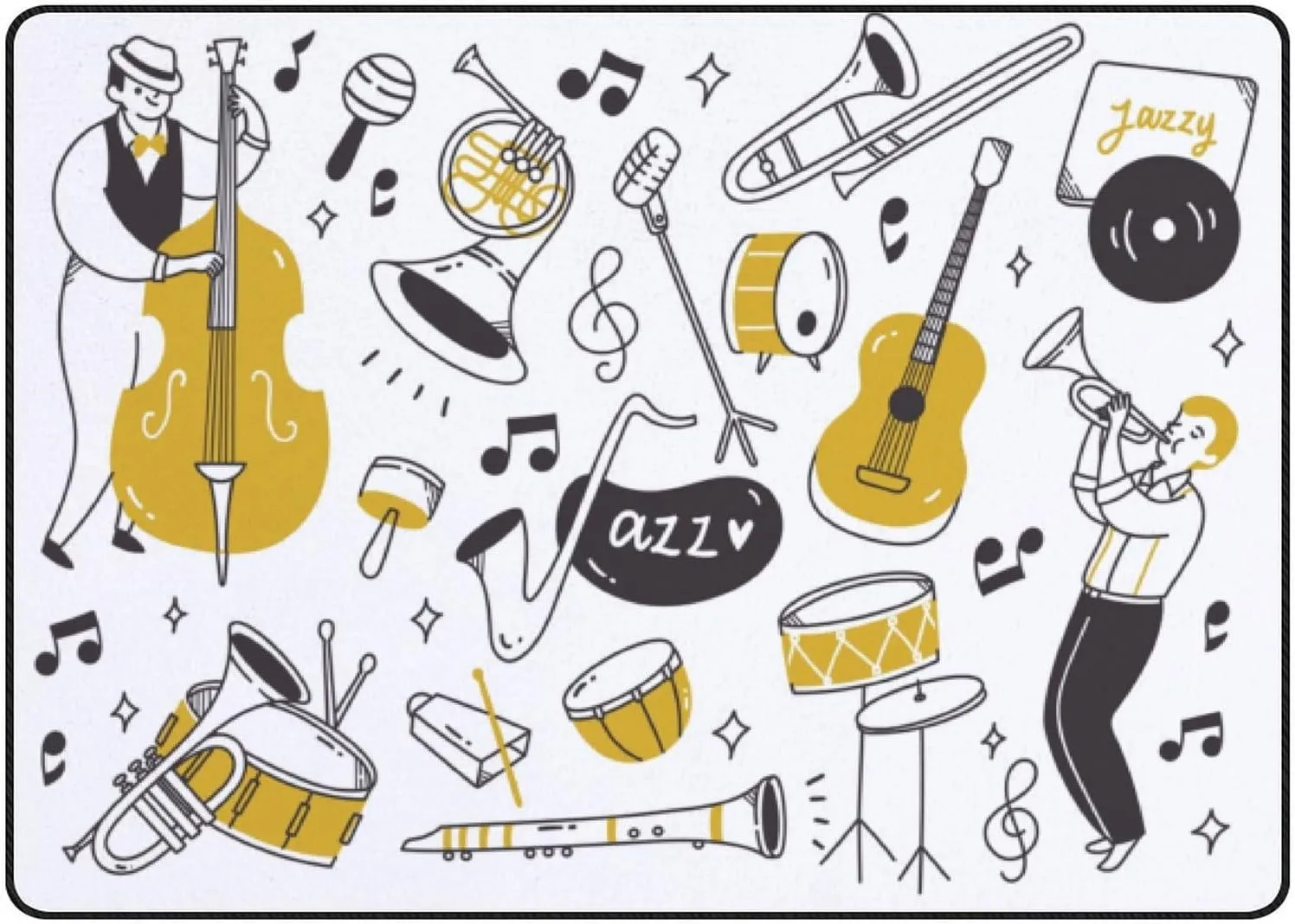 Large Area Rug Runner Mats Jazz Music Player Instruments Doodle Style Non-Slip Anti-Fatigue Absorbent Super Soft Rugs Pads for Laundary Living Room Bedroom Toilet Kitchen Polyester 60x39in