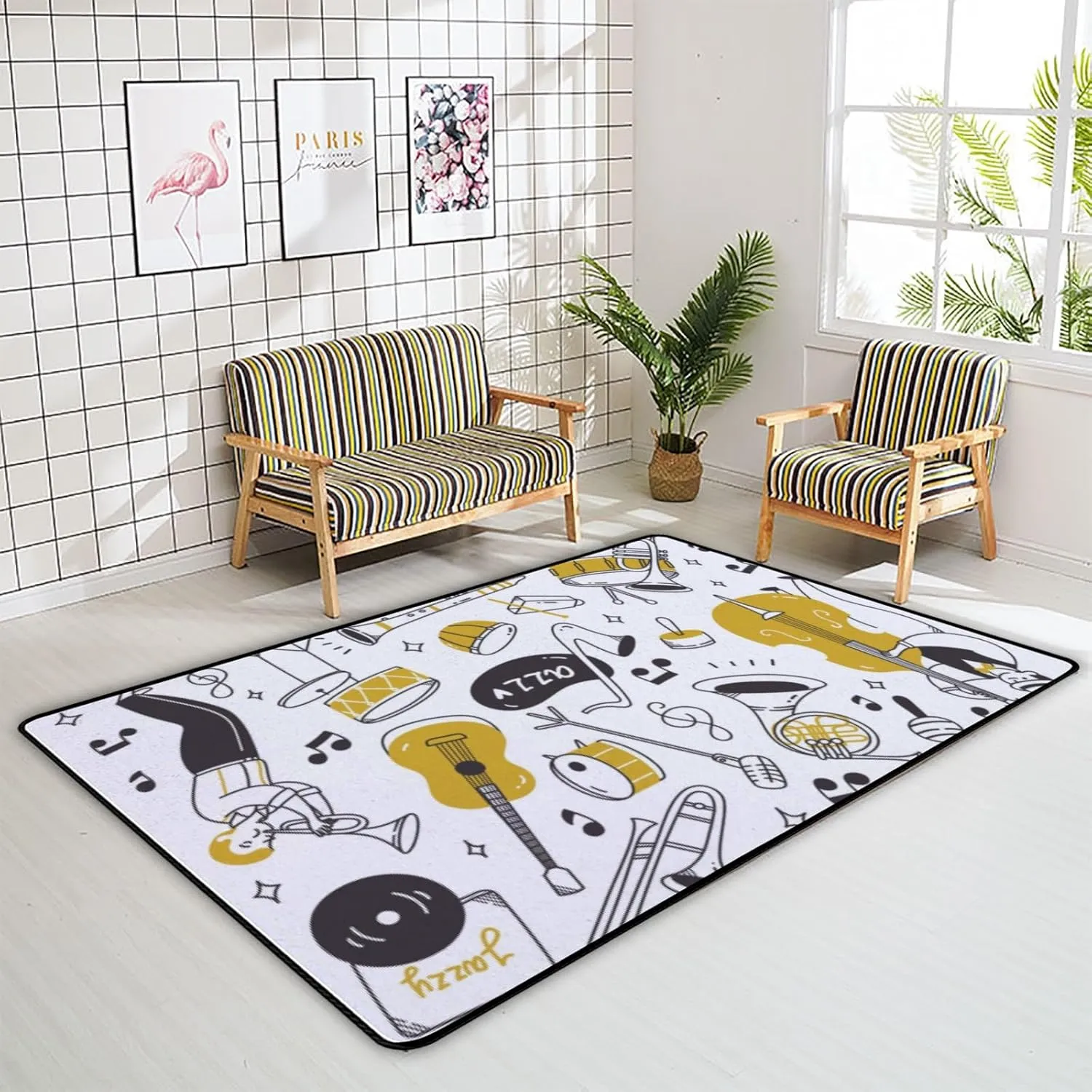 Large Area Rug Runner Mats Jazz Music Player Instruments Doodle Style Non-Slip Anti-Fatigue Absorbent Super Soft Rugs Pads for Laundary Living Room Bedroom Toilet Kitchen Polyester 60x39in