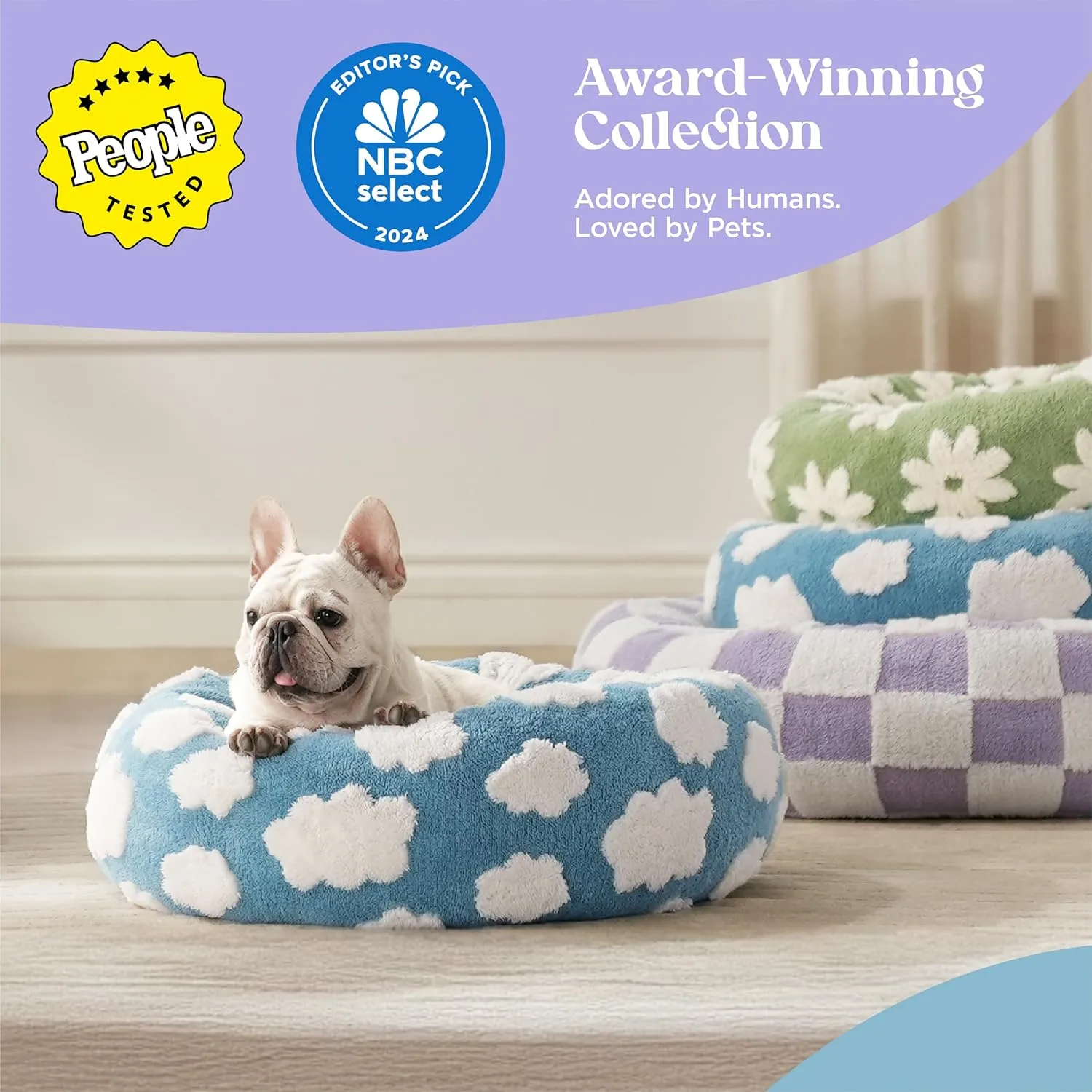 Lesure Donut Medium Dog Bed - Round Cat Beds for Indoor Cats Calming Pet Beds, Cute Modern Beds with Jacquard Shaggy Plush & Anti Slip Bottom, 30 Inch, Purple
