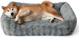 Lesure Fluffy Dog Beds for Large Dogs - Orthopedic Rectangle Calming Pet Bed,Plush Bubble Bolster Pet Sofa with Removable Washable Cover and Nonskid Bottom, 36x27x8inches,Grey