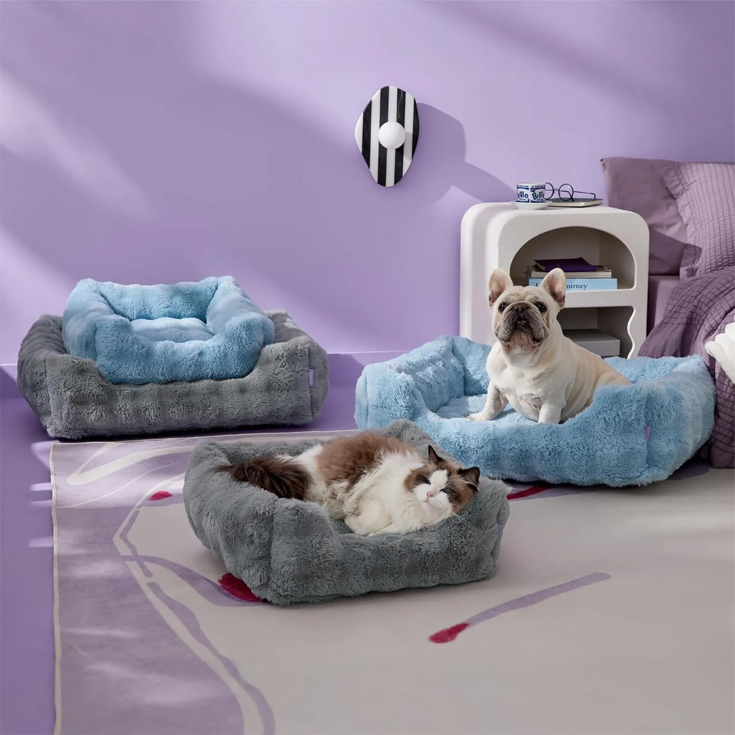 Lesure Fluffy Dog Beds for Large Dogs - Orthopedic Rectangle Calming Pet Bed,Plush Bubble Bolster Pet Sofa with Removable Washable Cover and Nonskid Bottom, 36x27x8inches,Grey