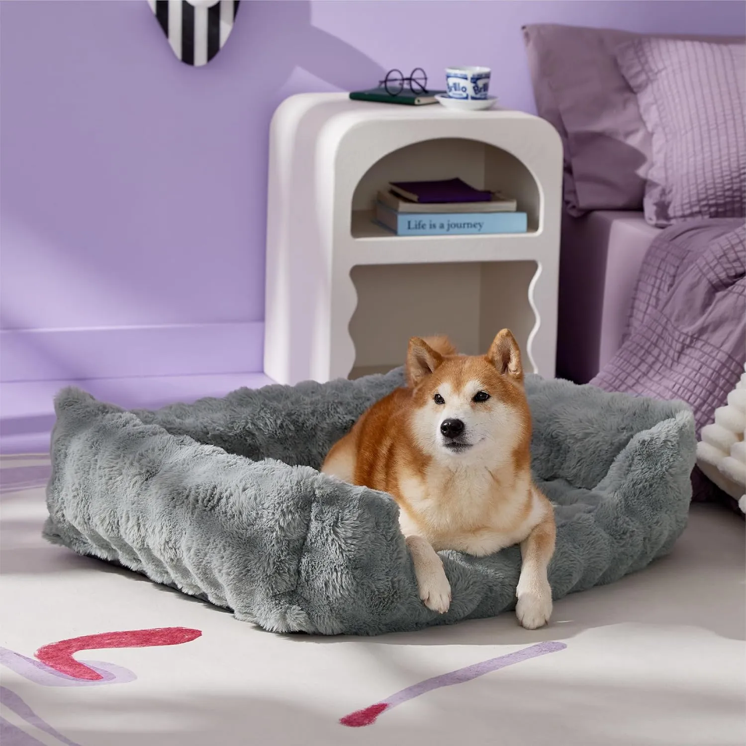 Lesure Fluffy Dog Beds for Large Dogs - Orthopedic Rectangle Calming Pet Bed,Plush Bubble Bolster Pet Sofa with Removable Washable Cover and Nonskid Bottom, 36x27x8inches,Grey