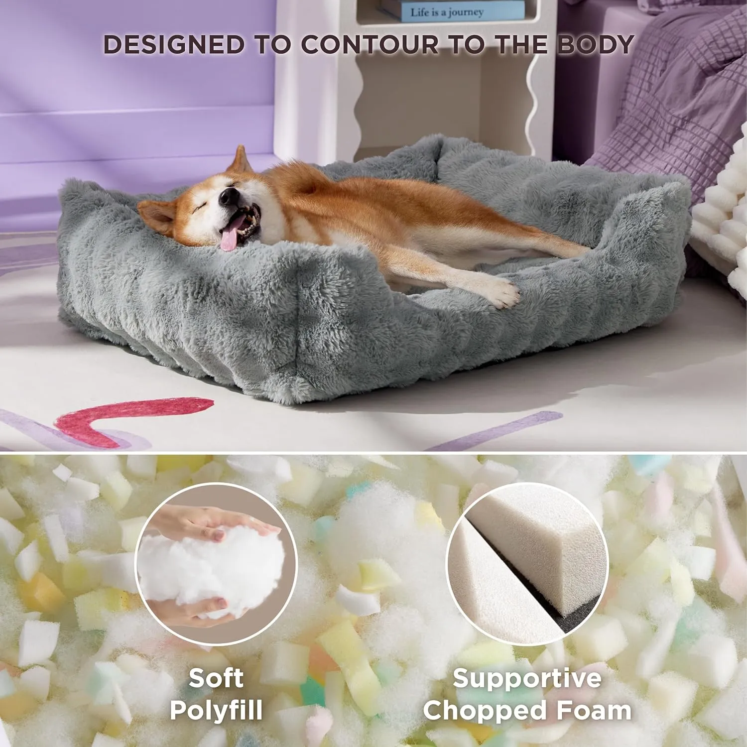 Lesure Fluffy Dog Beds for Large Dogs - Orthopedic Rectangle Calming Pet Bed,Plush Bubble Bolster Pet Sofa with Removable Washable Cover and Nonskid Bottom, 36x27x8inches,Grey