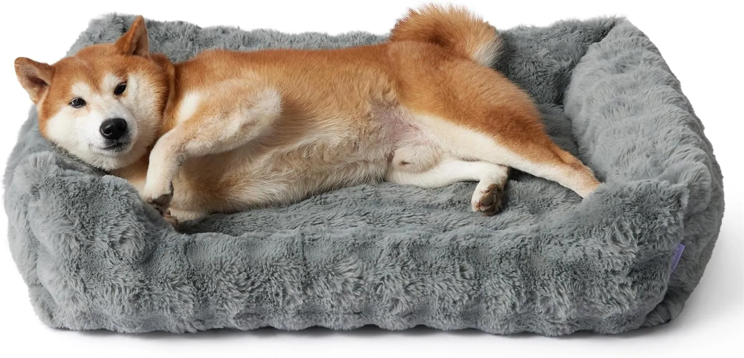 Lesure Fluffy Dog Beds for Large Dogs - Orthopedic Rectangle Calming Pet Bed,Plush Bubble Bolster Pet Sofa with Removable Washable Cover and Nonskid Bottom, 36x27x8inches,Grey