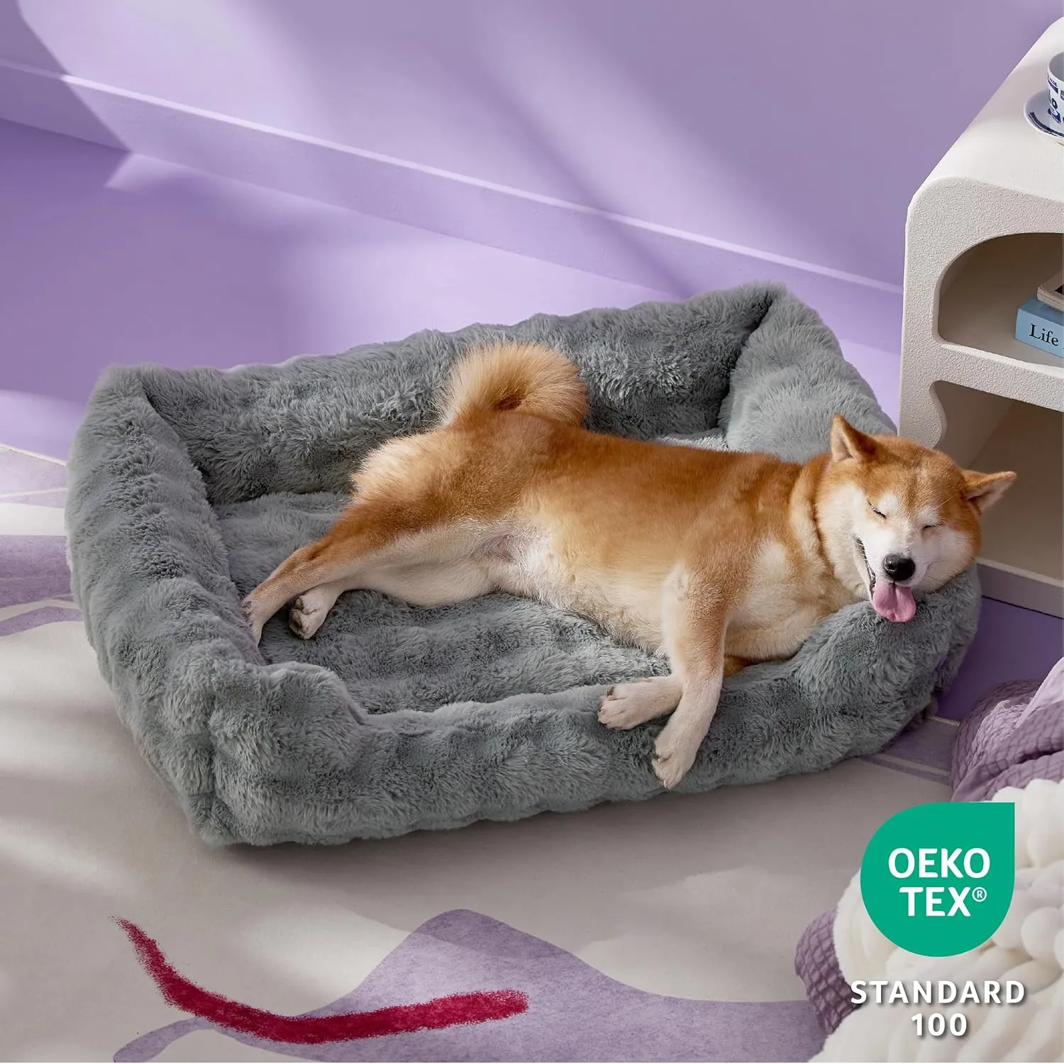 Lesure Fluffy Dog Beds for Large Dogs - Orthopedic Rectangle Calming Pet Bed,Plush Bubble Bolster Pet Sofa with Removable Washable Cover and Nonskid Bottom, 36x27x8inches,Grey