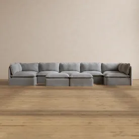 Modular Washable 7-Seater Open-Ends U-Sectional   Bench Ottoman in Pumice | Deluxe  Seat | Cloud Pillow