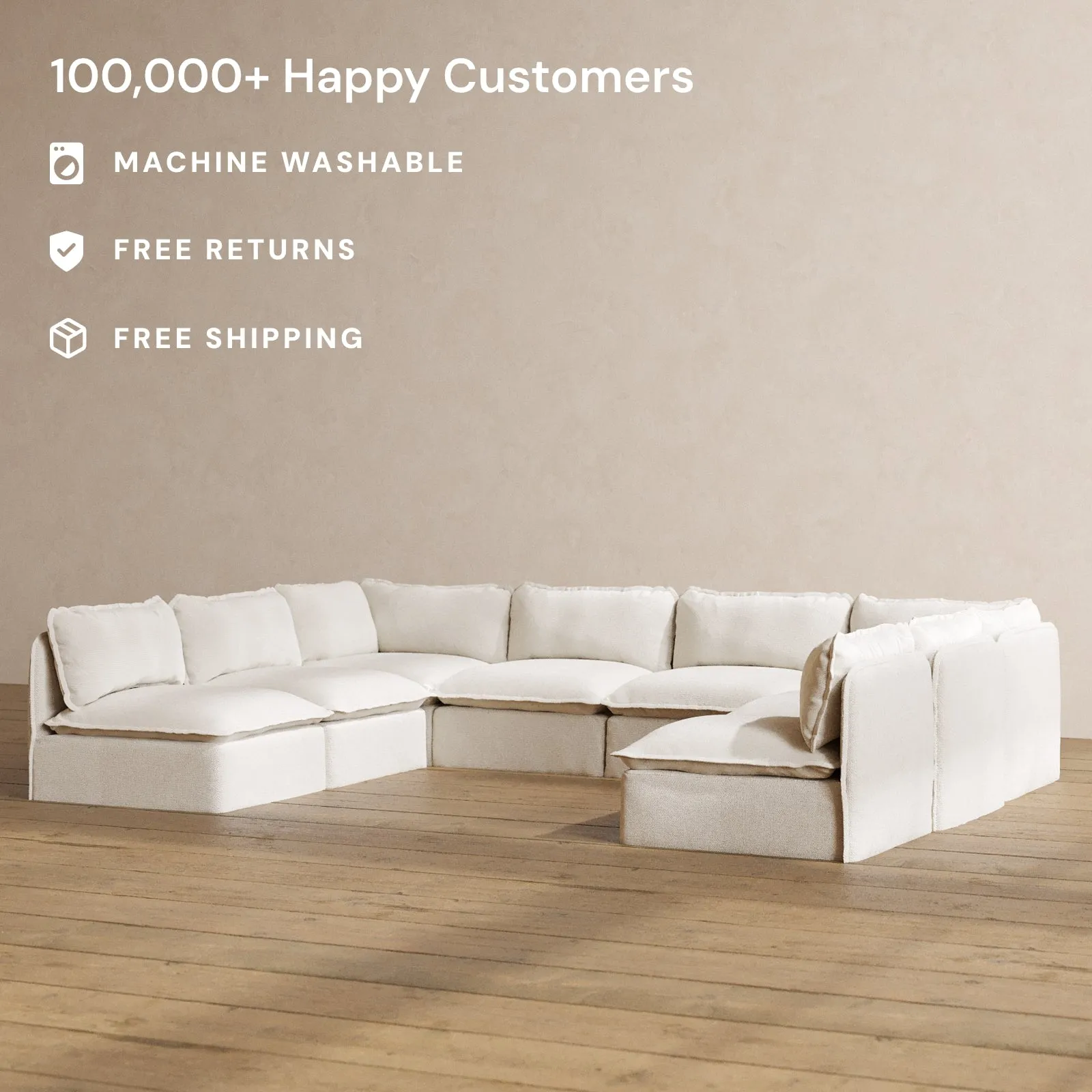 Modular Washable 8-Seater Open-Ends U-Sectional in Powder | Deluxe  Seat | Cloud Pillow