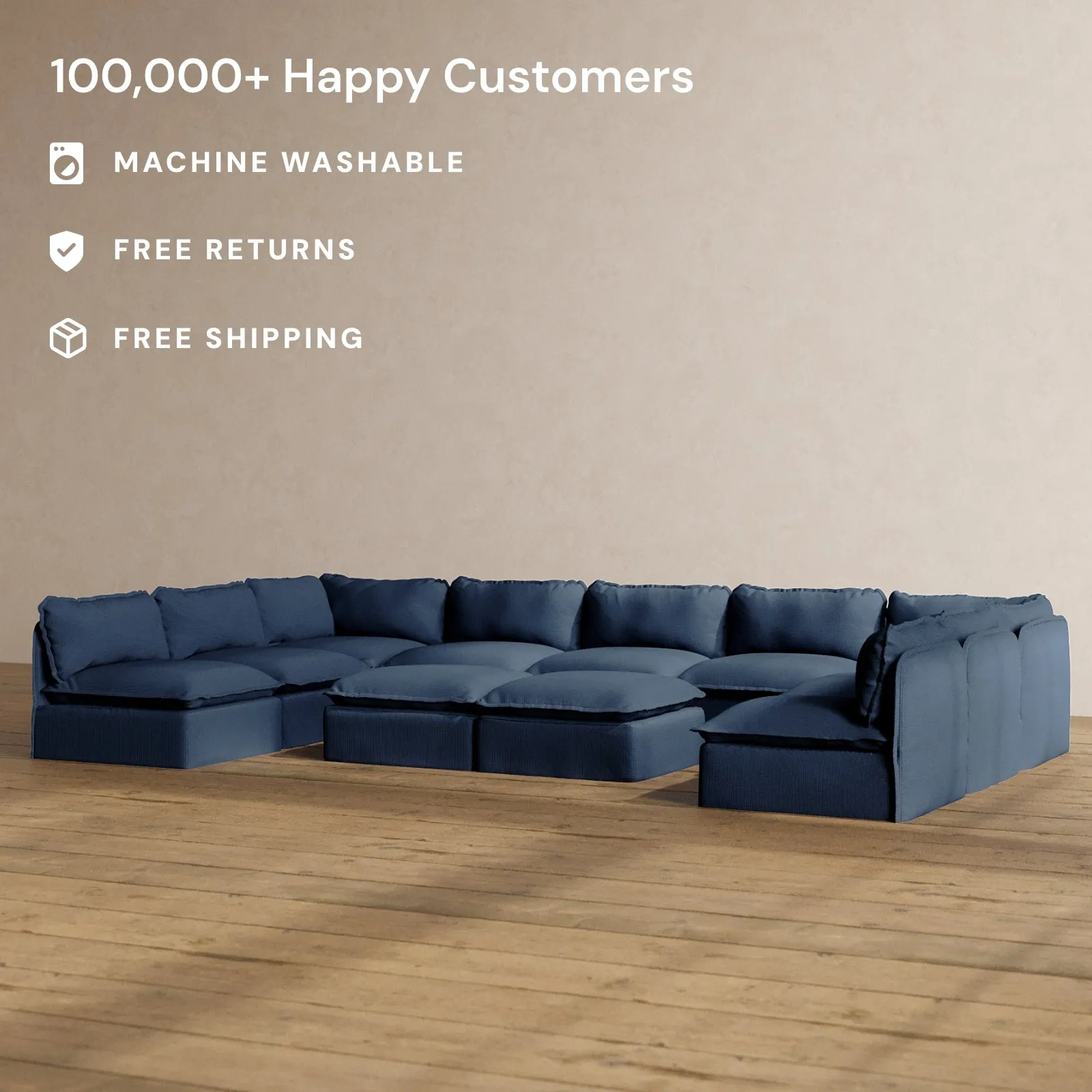 Modular Washable 9-Seater Open-Ends U-Sectional   Bench Ottoman in Sumi | Memorix  Seat | Cloud Pillow