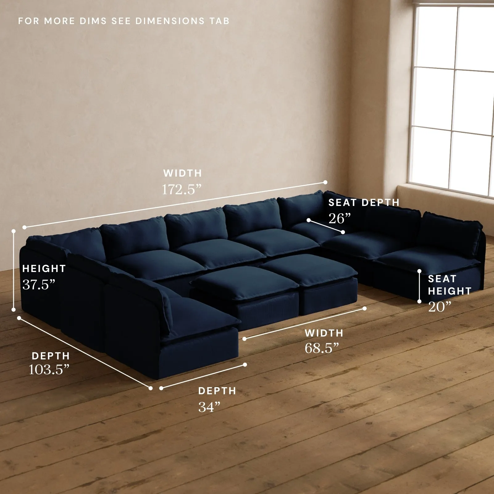 Modular Washable 9-Seater Open-Ends U-Sectional   Bench Ottoman in Sumi | Memorix  Seat | Cloud Pillow