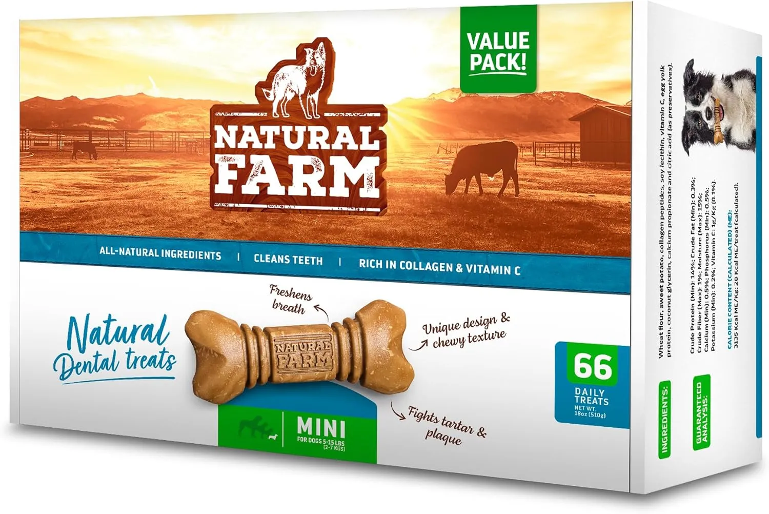 Natural Farm All-Natural Dog Dental Chew, Dog Teeth Cleaning Treats - Fresh Breath, Fight Plaque & Tartar - Canine Mess-Free Oral Care, Teeth Cleaning Chews for Dogs 5-15 Lbs (66 Counts)