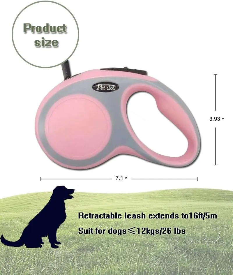 New Retractable Dog Leash (Cord), Ergonomic, Durable and Tangle Free Pet Walking Leash for Dogs Up to 26 lbs, 16 ft(Pink)