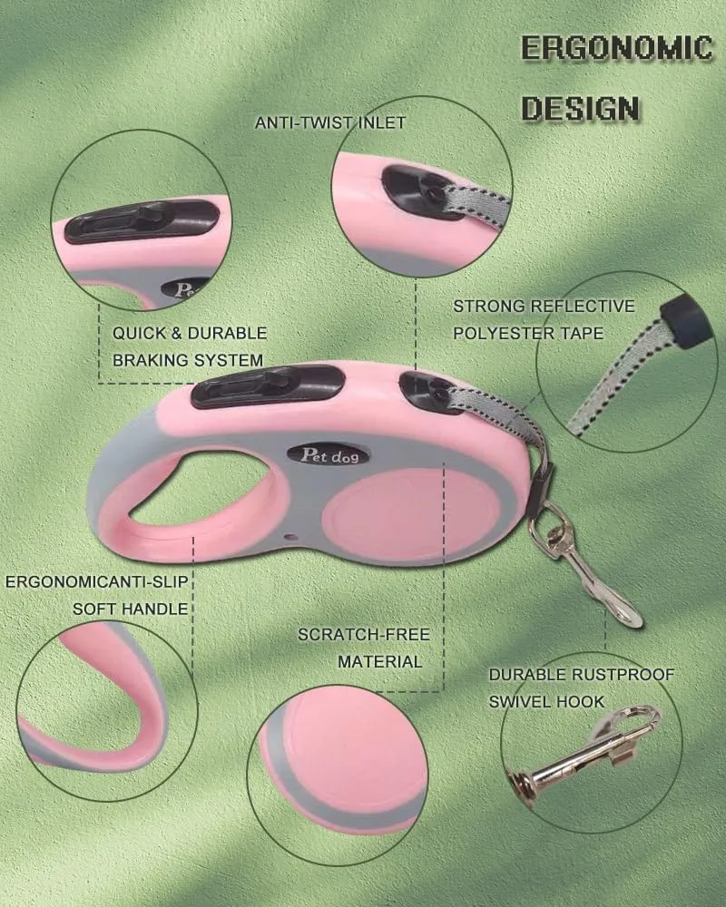 New Retractable Dog Leash (Cord), Ergonomic, Durable and Tangle Free Pet Walking Leash for Dogs Up to 26 lbs, 16 ft(Pink)