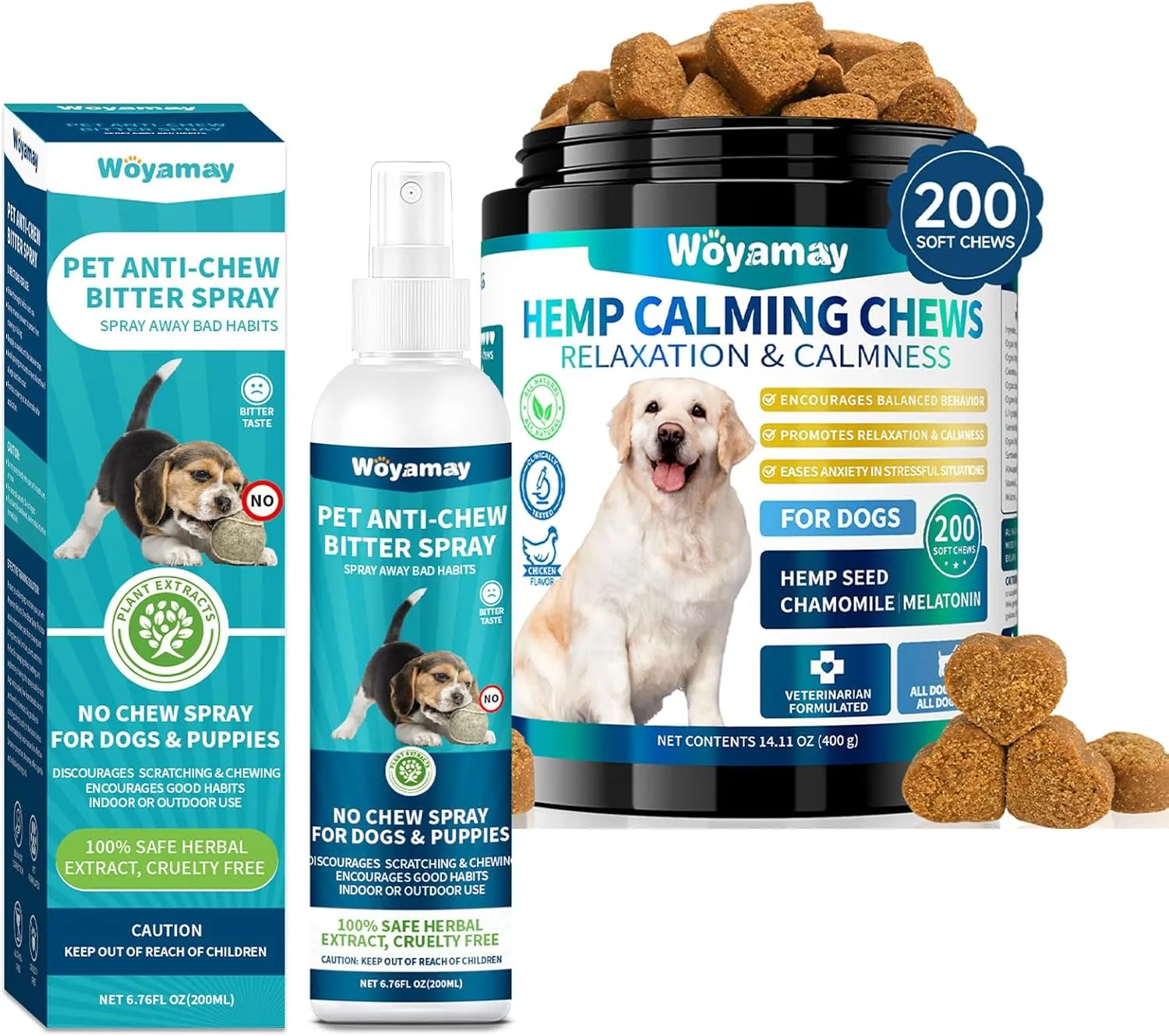 No Chew Spray & Calming Chews for Dogs, 200ML Bitter Apple Spray to Stop Chewing & Licking of Furniture  200 Calming Treats for Anxiety, Stress & Sleep