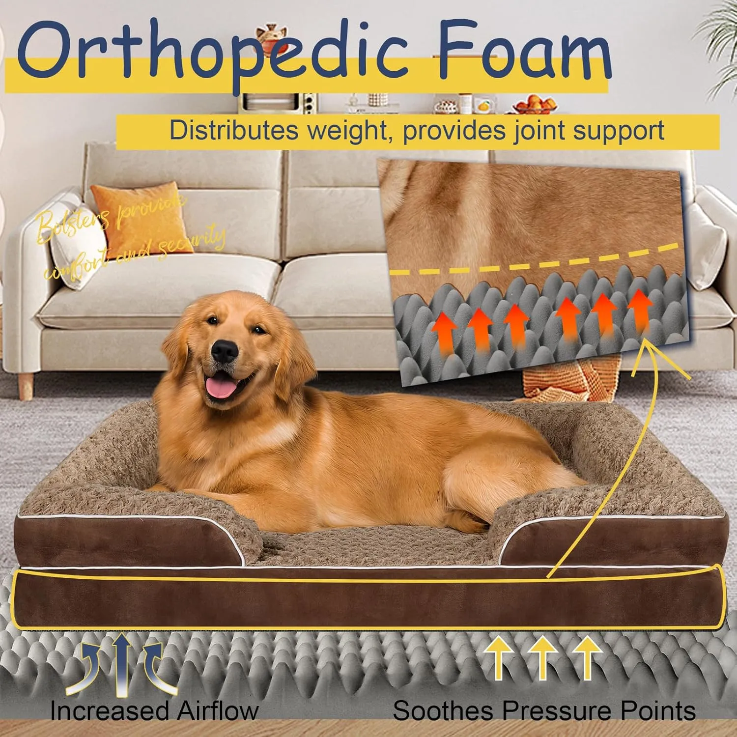 Orthopedic Dog Bed for Large Medium Sized, Washable Memory Foam Large Dog Bed, Medium Pet Sofa with Removable Cover, Washable Waterproof Pet Couch Beds(Brown, L)