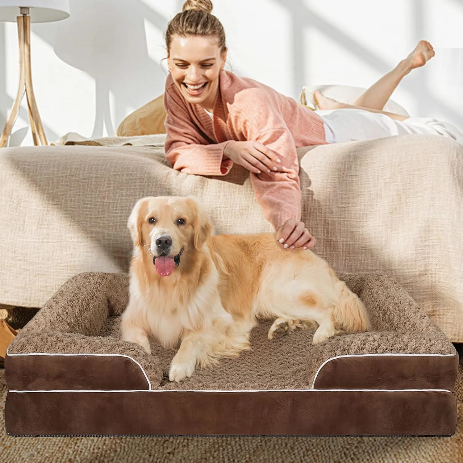 Orthopedic Dog Bed for Large Medium Sized, Washable Memory Foam Large Dog Bed, Medium Pet Sofa with Removable Cover, Washable Waterproof Pet Couch Beds(Brown, L)