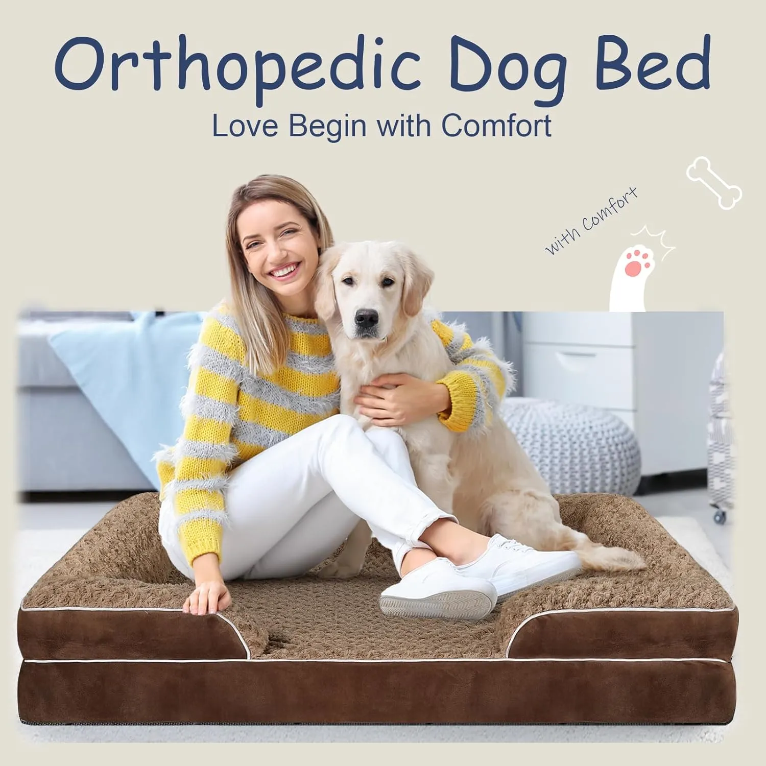 Orthopedic Dog Bed for Large Medium Sized, Washable Memory Foam Large Dog Bed, Medium Pet Sofa with Removable Cover, Washable Waterproof Pet Couch Beds(Brown, L)