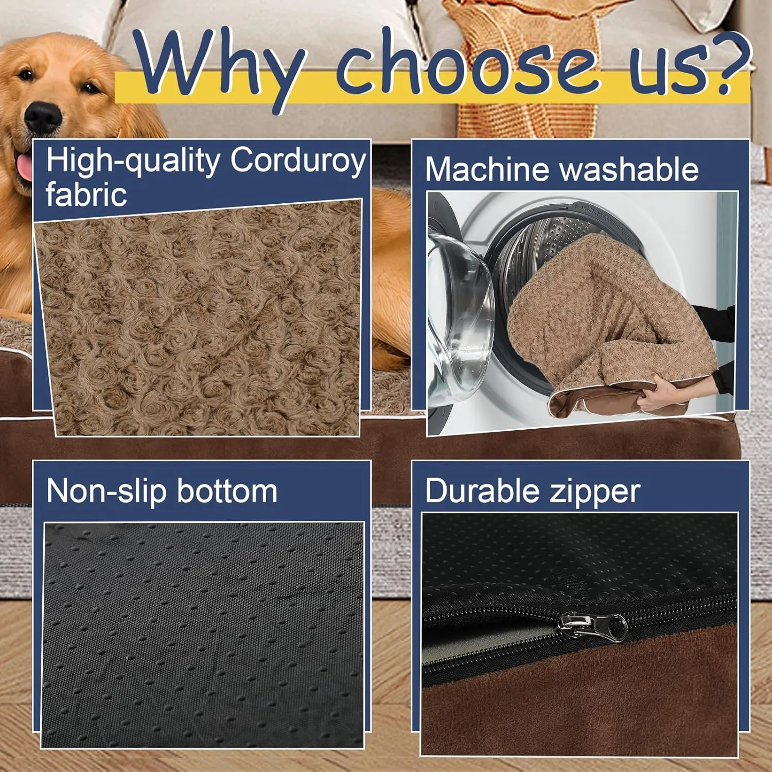 Orthopedic Dog Bed for Large Medium Sized, Washable Memory Foam Large Dog Bed, Medium Pet Sofa with Removable Cover, Washable Waterproof Pet Couch Beds(Brown, L)