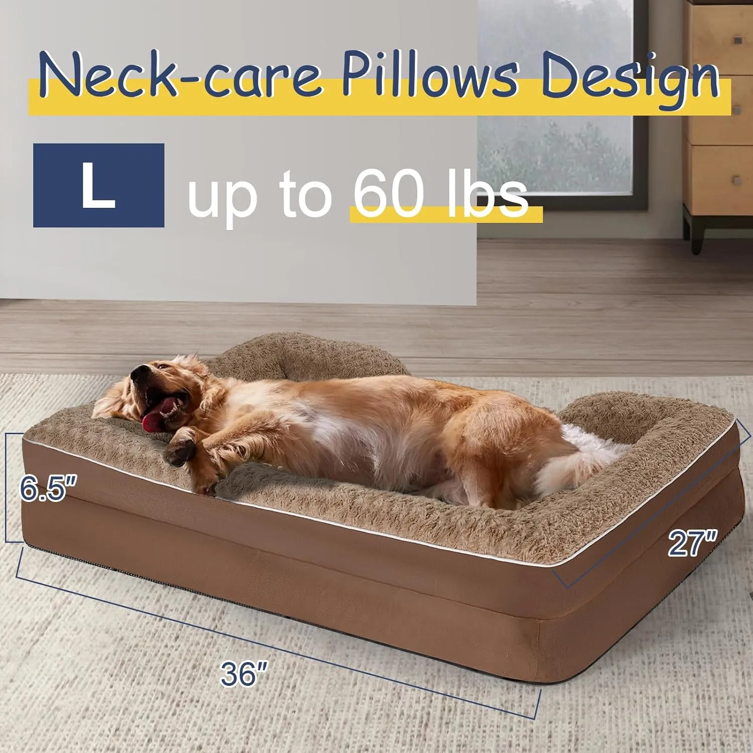 Orthopedic Dog Bed for Large Medium Sized, Washable Memory Foam Large Dog Bed, Medium Pet Sofa with Removable Cover, Washable Waterproof Pet Couch Beds(Brown, L)