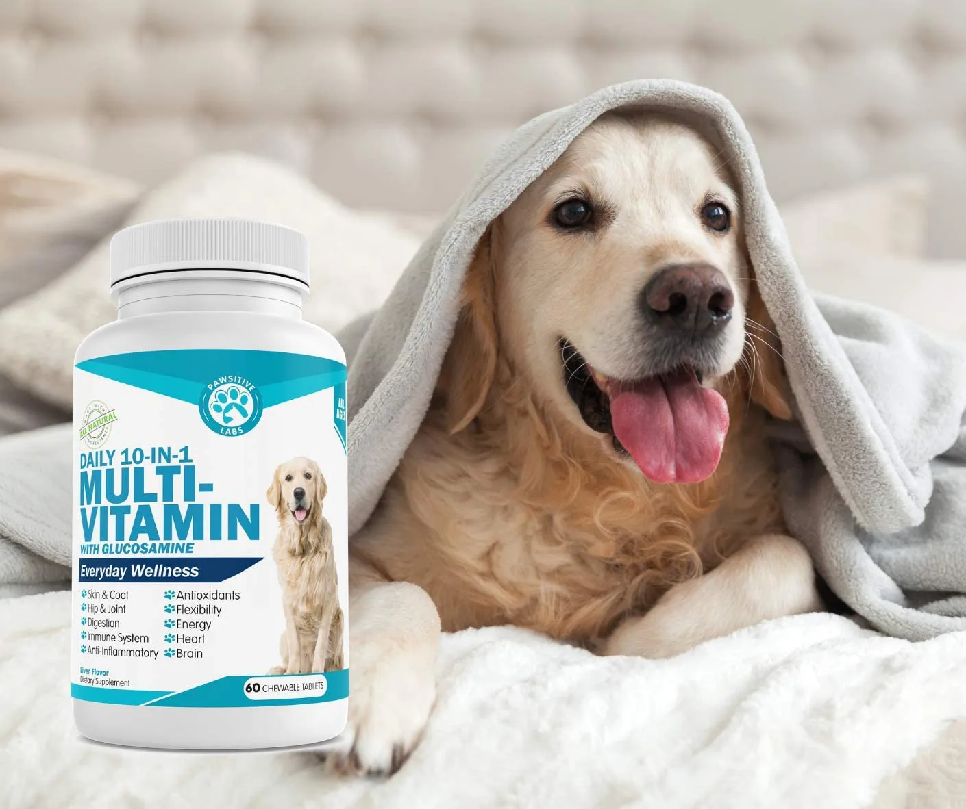 PAWSITIVE LABS 10 in 1 Dog Multivitamin with Glucosamine, D3, MSM to Help Reduce Joint Inflammation and Increase Immune System, Mobility and Flexibility – All-in-One Daily Dog Vitamin and Supplement