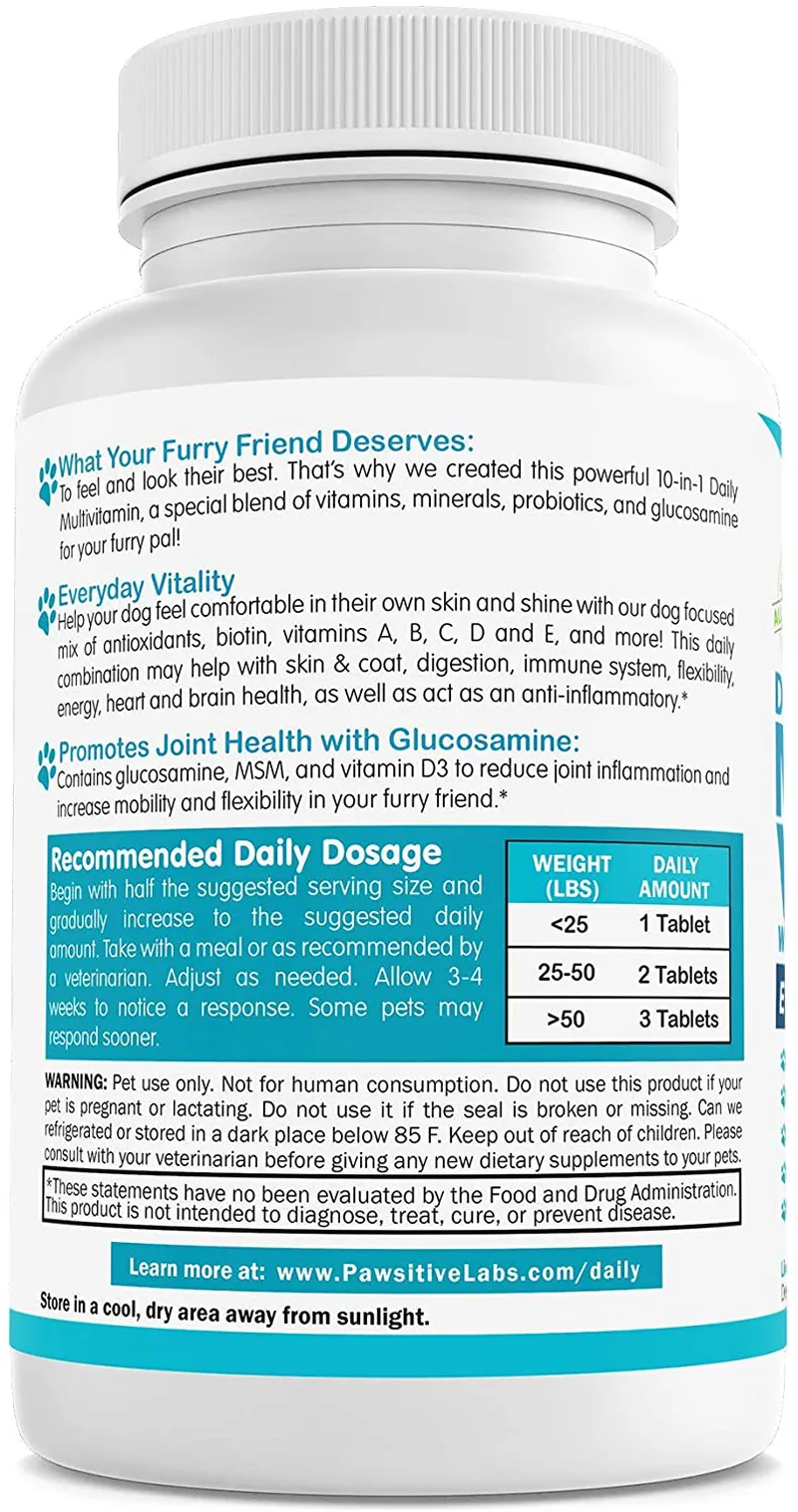 PAWSITIVE LABS 10 in 1 Dog Multivitamin with Glucosamine, D3, MSM to Help Reduce Joint Inflammation and Increase Immune System, Mobility and Flexibility – All-in-One Daily Dog Vitamin and Supplement