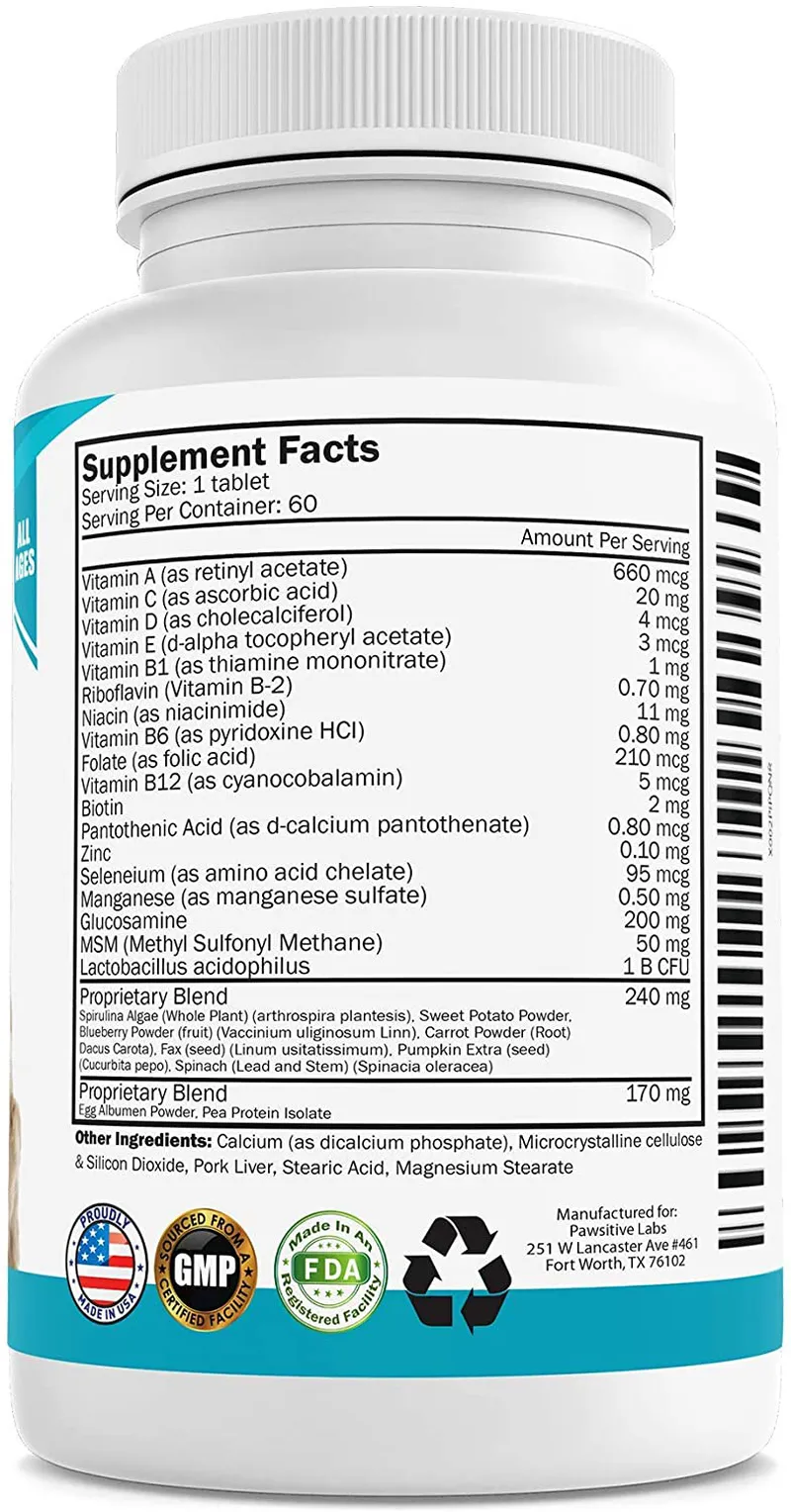 PAWSITIVE LABS 10 in 1 Dog Multivitamin with Glucosamine, D3, MSM to Help Reduce Joint Inflammation and Increase Immune System, Mobility and Flexibility – All-in-One Daily Dog Vitamin and Supplement