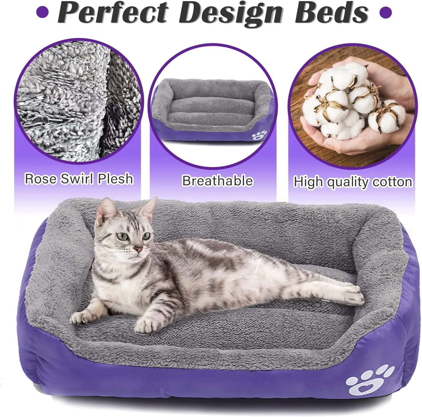 Resulzon Square Dog Cat Beds Mattress Washable Pads Room, Soft Plush Faux Fur Sleeping Pet Fleece Bed Mat for Small Medium Doggy Kitten Puppy, with Anti-Slip Waterproof Bottom (Purple)