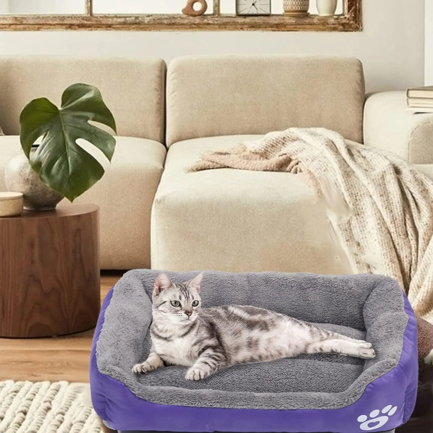 Resulzon Square Dog Cat Beds Mattress Washable Pads Room, Soft Plush Faux Fur Sleeping Pet Fleece Bed Mat for Small Medium Doggy Kitten Puppy, with Anti-Slip Waterproof Bottom (Purple)