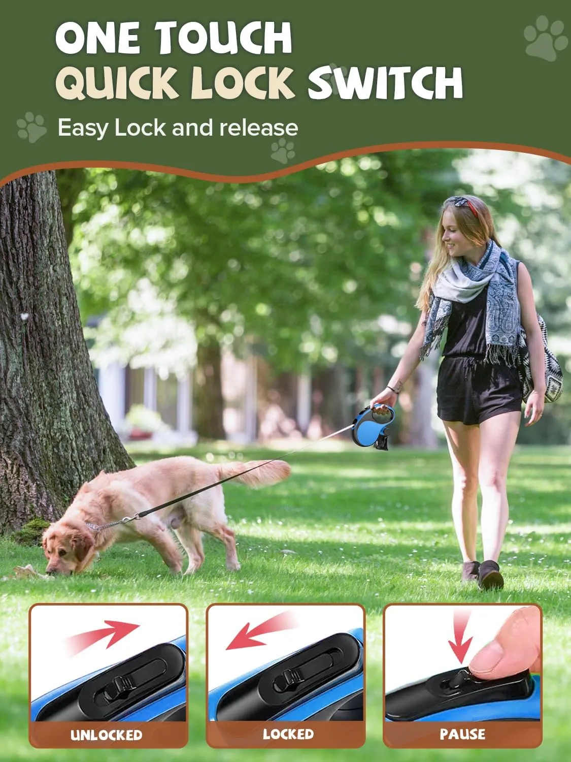 Retractable Dog Leash with Led Light, Douexio 16ft Rechargeable Walking Dog Leash for Small Medium Dogs Up to 66 lbs,360 Tangle-Free, One-Button Control, High Strength Hook