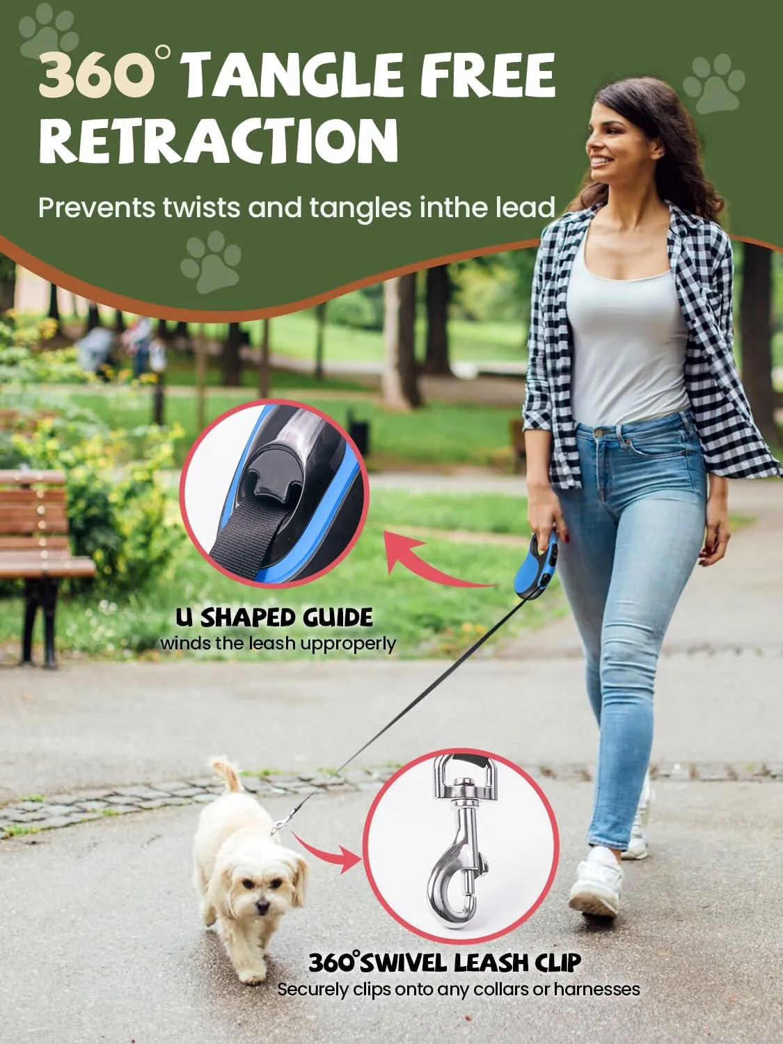 Retractable Dog Leash with Led Light, Douexio 16ft Rechargeable Walking Dog Leash for Small Medium Dogs Up to 66 lbs,360 Tangle-Free, One-Button Control, High Strength Hook