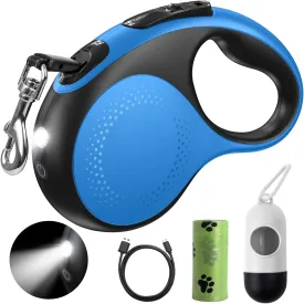 Retractable Dog Leash with Led Light, Douexio 16ft Rechargeable Walking Dog Leash for Small Medium Dogs Up to 66 lbs,360 Tangle-Free, One-Button Control, High Strength Hook