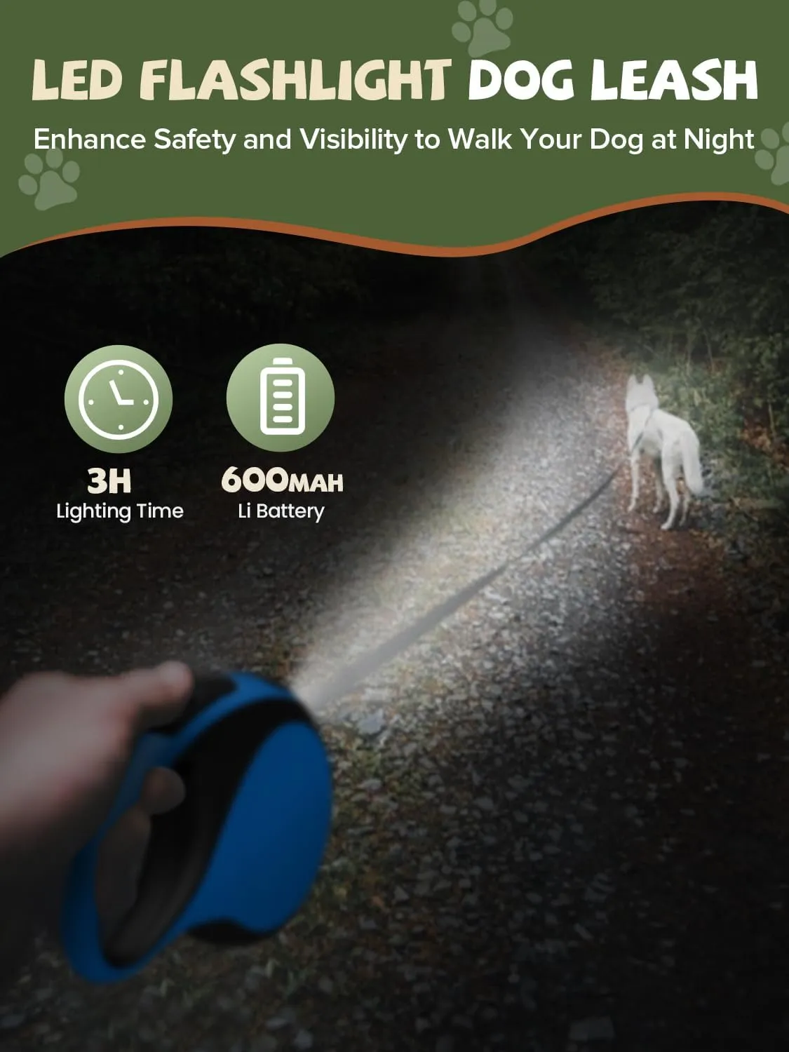 Retractable Dog Leash with Led Light, Douexio 16ft Rechargeable Walking Dog Leash for Small Medium Dogs Up to 66 lbs,360 Tangle-Free, One-Button Control, High Strength Hook