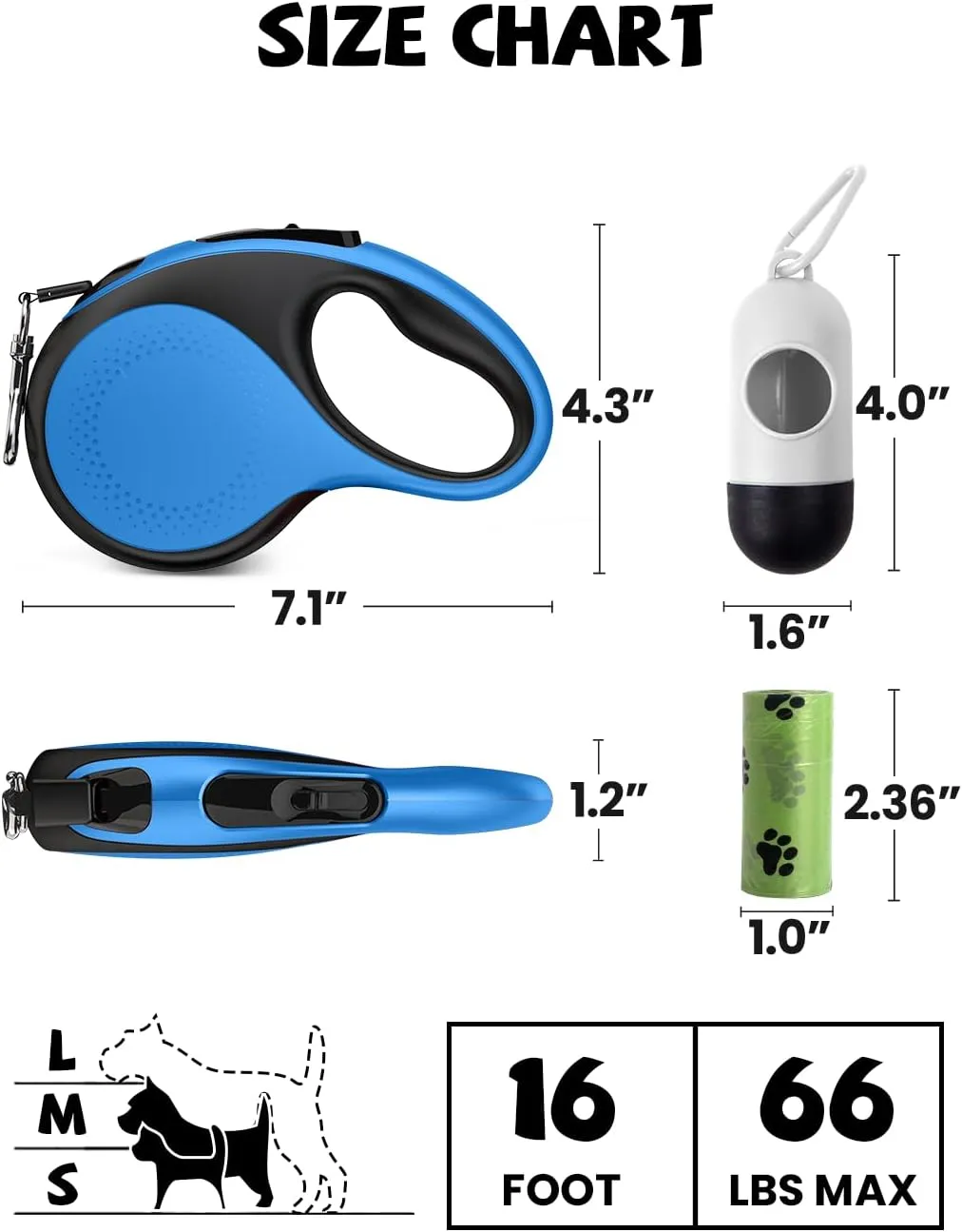 Retractable Dog Leash with Led Light, Douexio 16ft Rechargeable Walking Dog Leash for Small Medium Dogs Up to 66 lbs,360 Tangle-Free, One-Button Control, High Strength Hook
