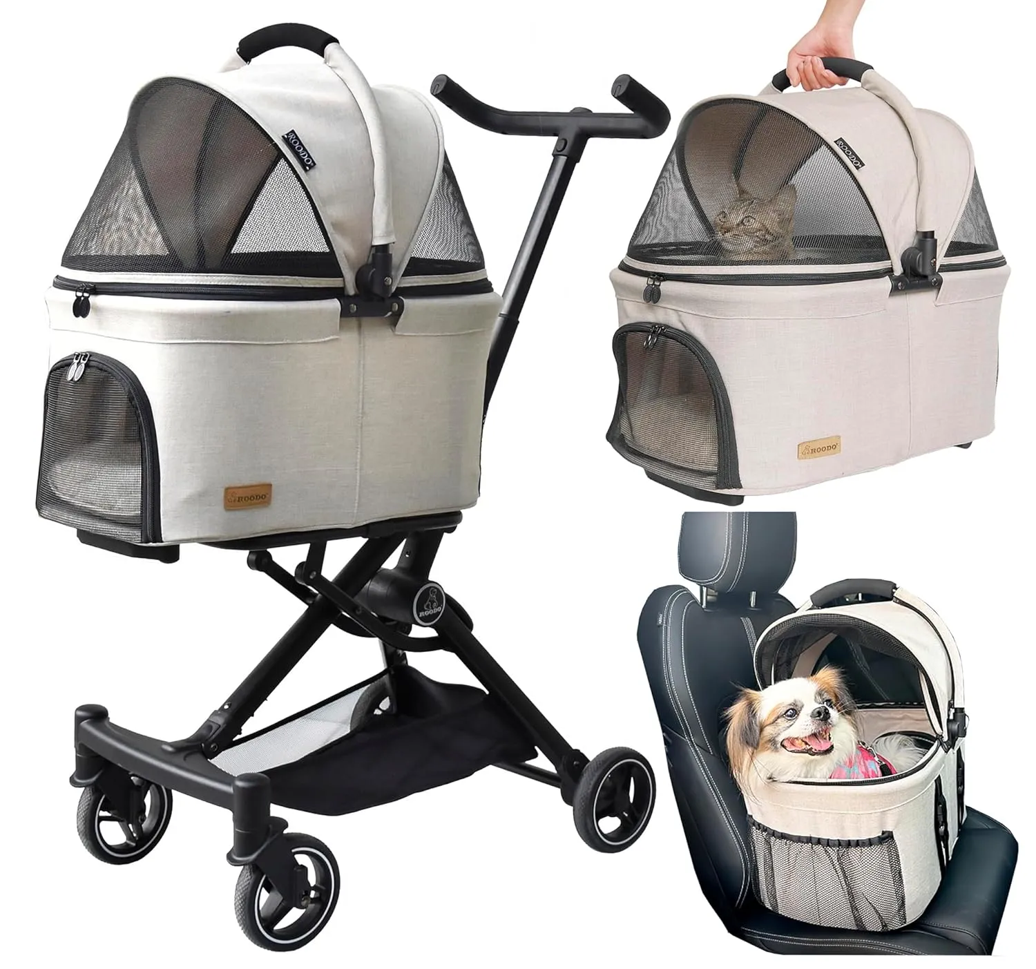 ROODO 2025 New 3 in 1 Dog Cat Stroller with Detachable Carrier&Car Seat Combo Best Lightweight Folding Portable All Terrain Pet Travel System Puppy Kitty Doggie Bunny Stroller for 30lbs(Light Khaki)