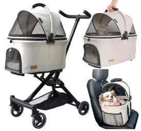 ROODO 2025 New 3 in 1 Dog Cat Stroller with Detachable Carrier&Car Seat Combo Best Lightweight Folding Portable All Terrain Pet Travel System Puppy Kitty Doggie Bunny Stroller for 30lbs(Light Khaki)
