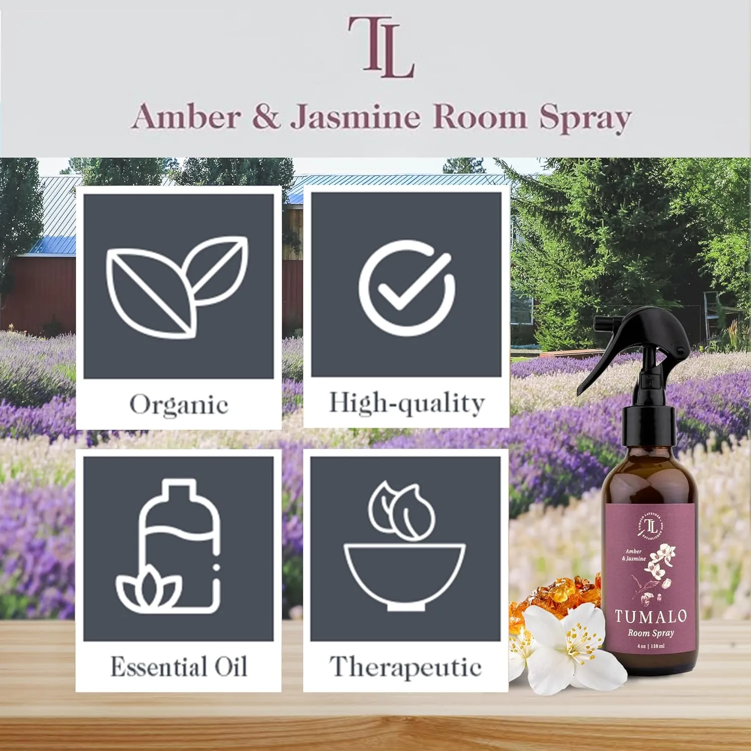 Room Spray - Sophisticated, All Natural Home Fragrance, Pure Essential Oil Air Freshener & Odor Eliminator, Refreshing Scent, Made in the USA, Amber & Jasmine, 4 oz Glass Bottle