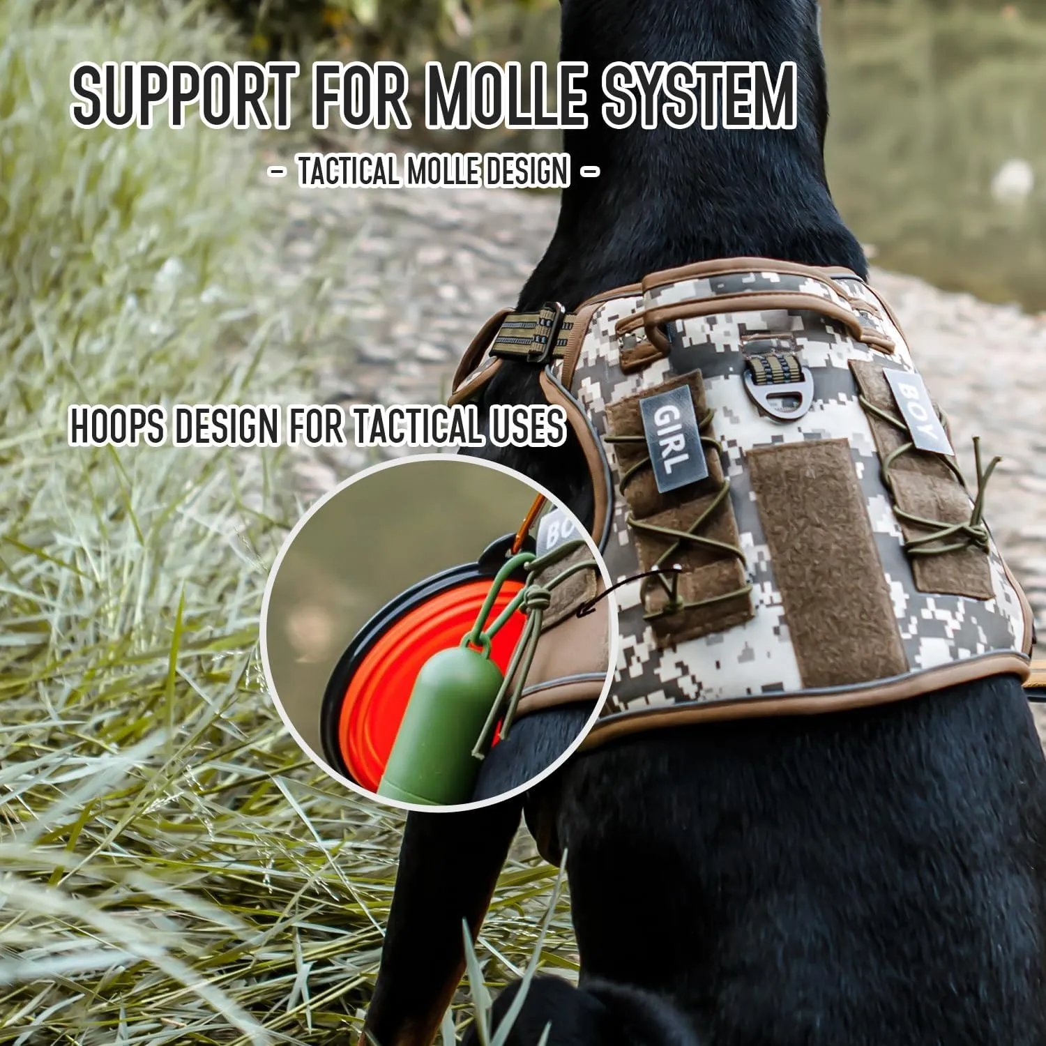 Tactical Dog Harness for Medium Large Dogs, Heavy Duty Dog Harness with ID Card, Reflective Hiking Harness for Training Easy Control Dog Vest with Handle Desert Camo