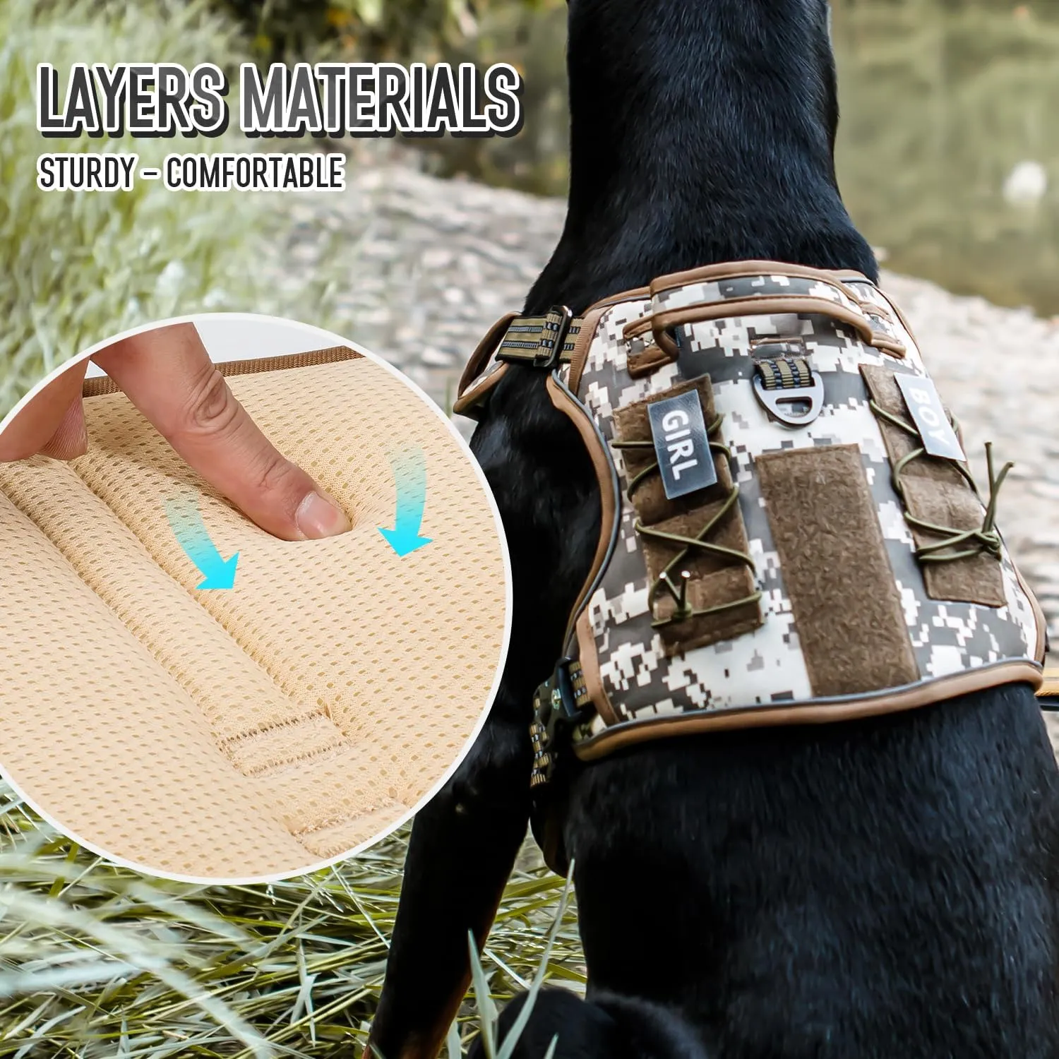 Tactical Dog Harness for Medium Large Dogs, Heavy Duty Dog Harness with ID Card, Reflective Hiking Harness for Training Easy Control Dog Vest with Handle Desert Camo