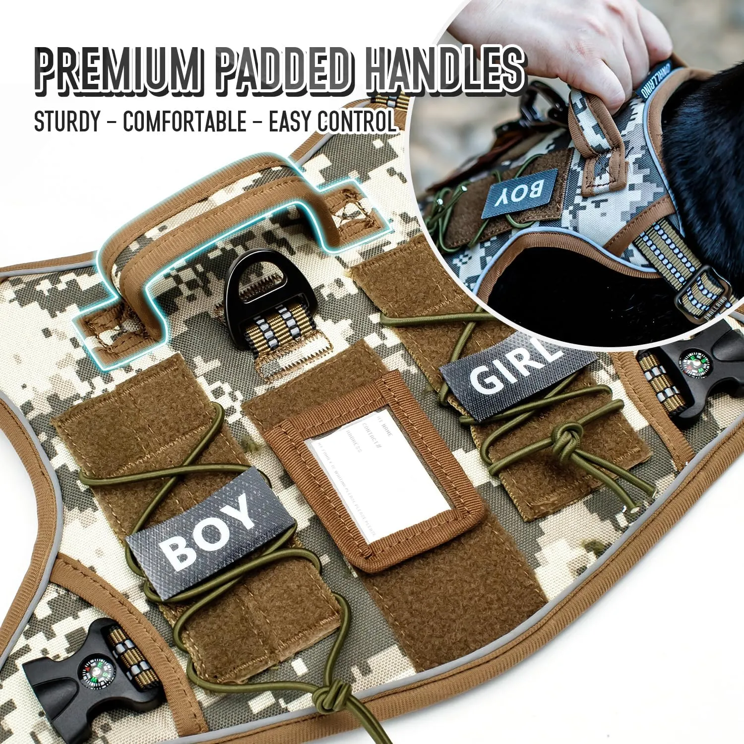 Tactical Dog Harness for Medium Large Dogs, Heavy Duty Dog Harness with ID Card, Reflective Hiking Harness for Training Easy Control Dog Vest with Handle Desert Camo