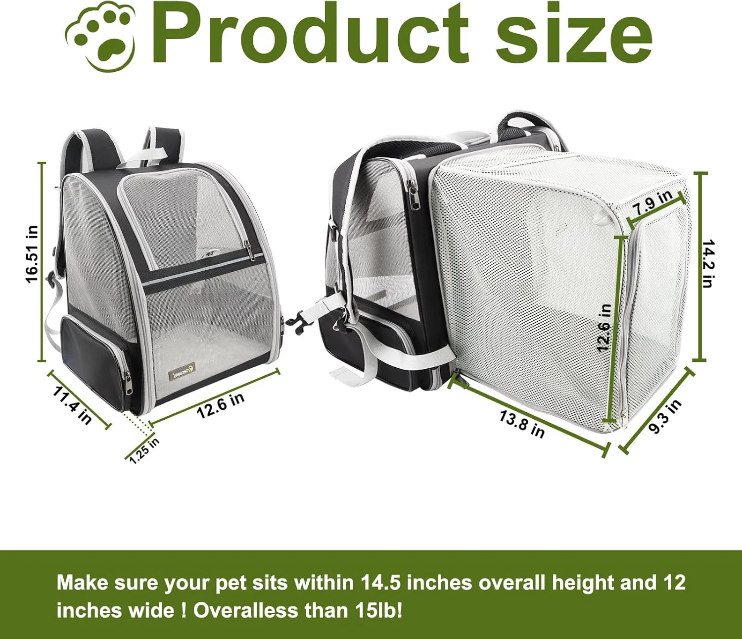 Texsens Cat Backpack - Expandable Pet Carrier for Medium Cats and Small Dogs up to 17 lbs - Breathable, Collapsible & Soft Cat Travel Bag for Outdoor Hiking (Black)