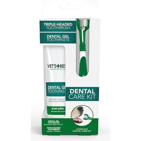 VET'S BEST Dog Triple Headed Toothbrush & Dental Gel Toothpaste Kit