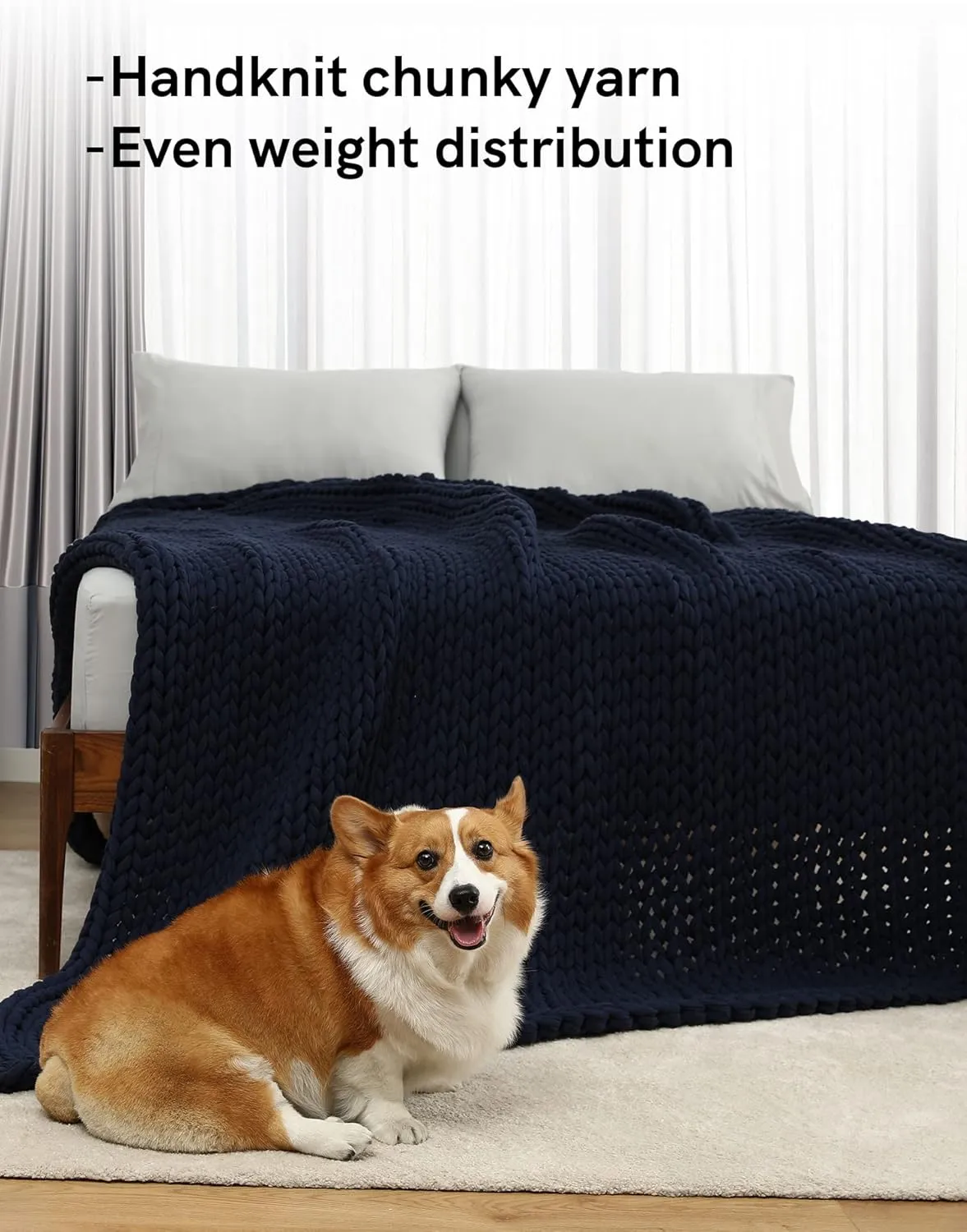 YnM 100% Cotton Weighted Blanket, Handmade Chunky Knitted Throw, No fillers Design, Soft and Breathable, Machine Washable Bed Blanket for Sleep or Home Decor (Navy Blue, 43x50 Inch, 10lbs)