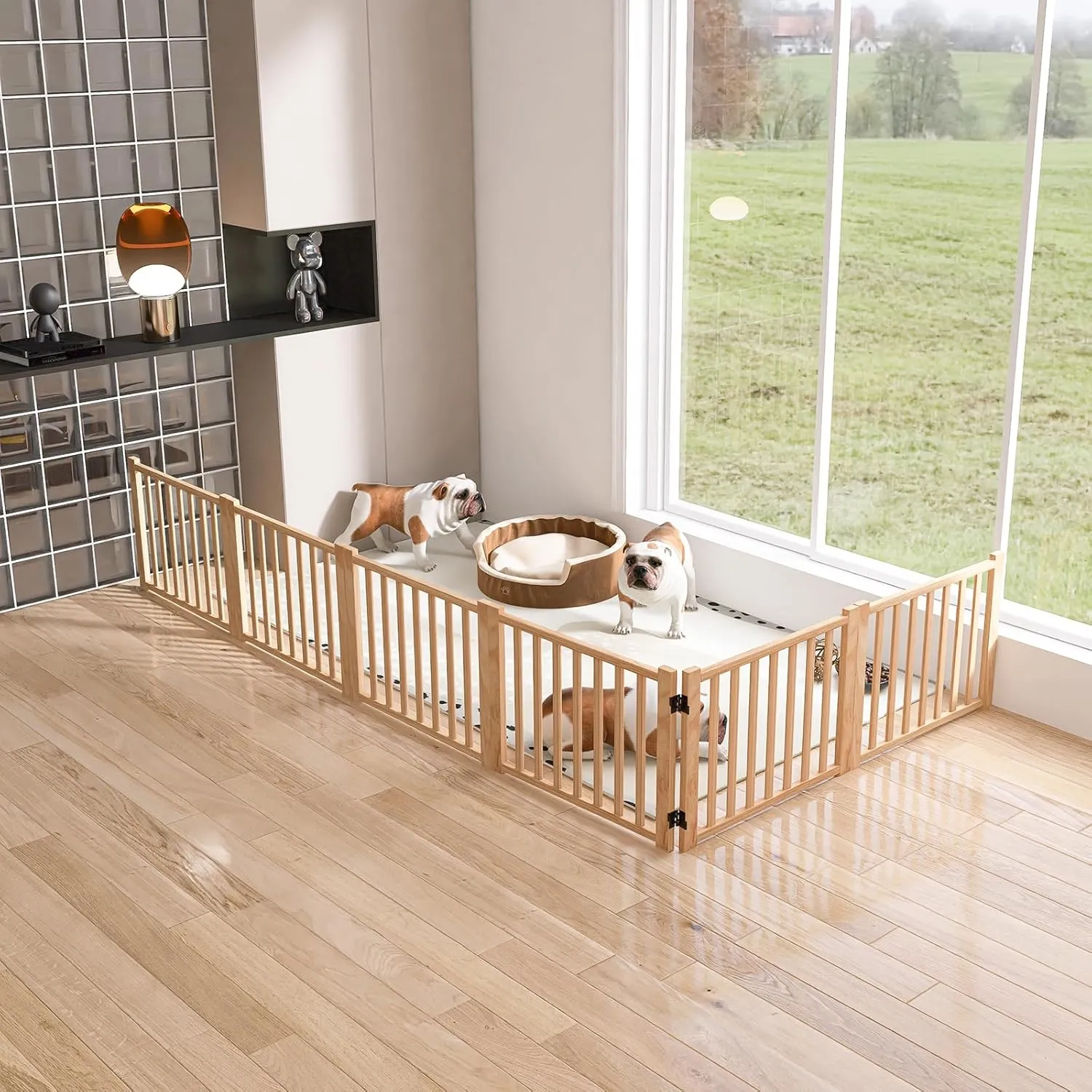YOCAN Paint-Free Wooden Freestanding Dog Gates for The House,Doorways, Stairs,Wood Dog Fences Indoor Pet Gate,Step Over Fence-6 Panel H:16.9" L:138"